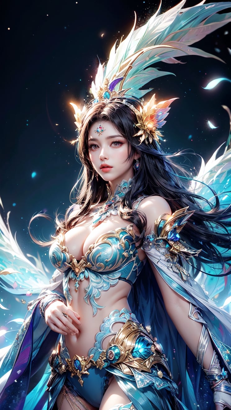 (masutepiece, of the highest quality, Best Quality, Official art, Beautiful and aesthetic:1.2), (1girl in), extremely detailed eye, (Fractal Art:1.3), Colorful, highest details, (Perfect face), Shiny skin, nffsw, (White cloak golden lines:1.2), Galaxy, (light streaks), striking visuals, (Dynamic streaks, luminous trails:1.2), Vibrant colors, (phoenix), (shenron) --auto