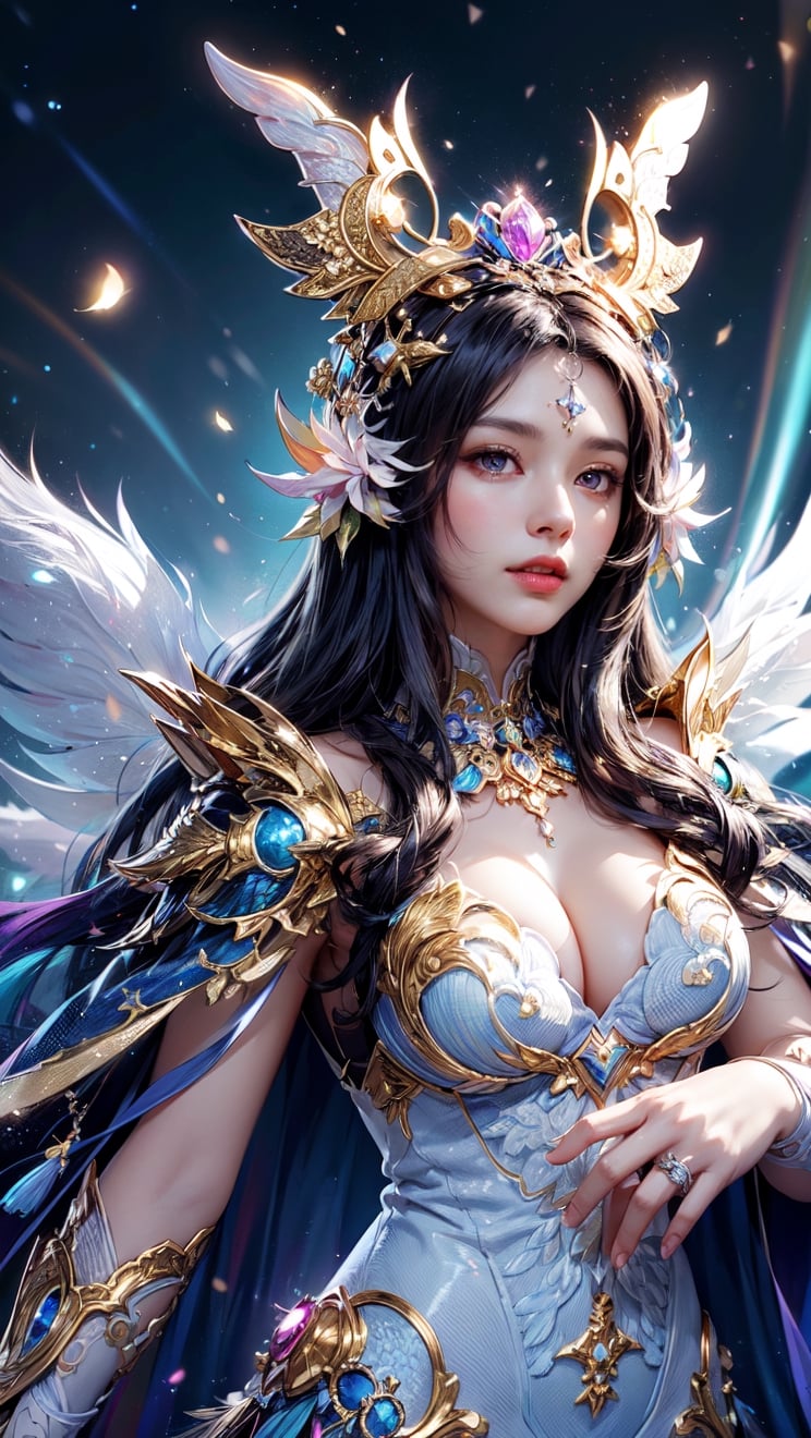 (masutepiece, of the highest quality, Best Quality, Official art, Beautiful and aesthetic:1.2), (1girl in), extremely detailed eye, (Fractal Art:1.3), Colorful, highest details, (Perfect face), Shiny skin, nffsw, (White cloak golden lines:1.2), Galaxy, (light streaks), striking visuals, (Dynamic streaks, luminous trails:1.2), Vibrant colors, (phoenix), (shenron) --auto