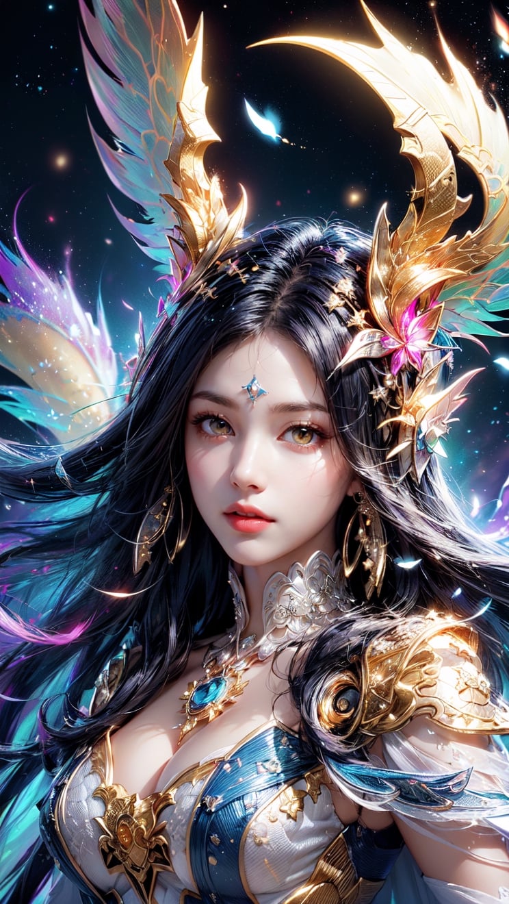 (masutepiece, of the highest quality, Best Quality, Official art, Beautiful and aesthetic:1.2), (1girl in), extremely detailed eye, (Fractal Art:1.3), Colorful, highest details, (Perfect face), Shiny skin, nffsw, (White cloak golden lines:1.2), Galaxy, (light streaks), striking visuals, (Dynamic streaks, luminous trails:1.2), Vibrant colors, (phoenix), (shenron) --auto