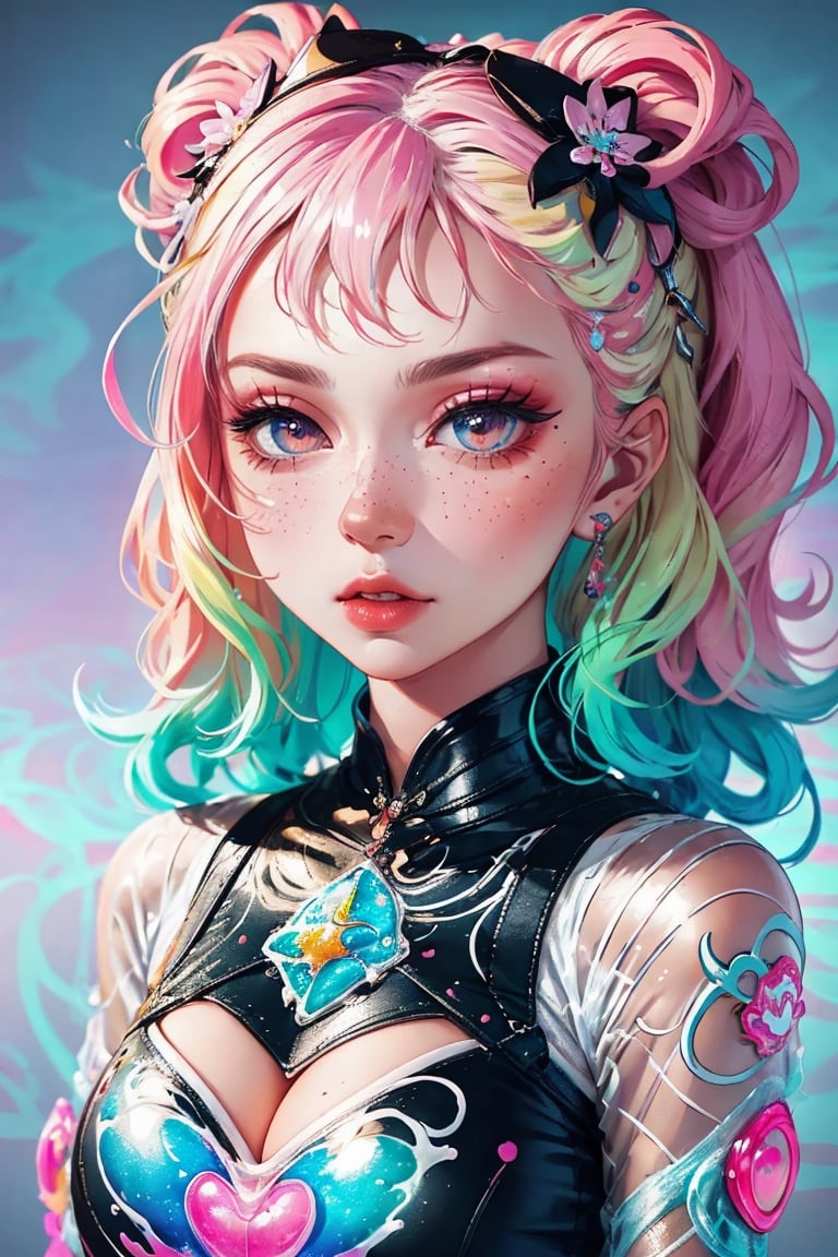 beautiful kawaii naughty girl, hyper detailed, cotton candy curly hair, candy freckles, bright makeup, holographic transparent candy dress, close-up portrait, highly detailed illustration, candyland character design, surrounded by swirls of ice cream and cream butter Pale pastel colors, bubblegum bubbles, gradient background. the candy girl,3D MODEL,Worldwide trending artwork