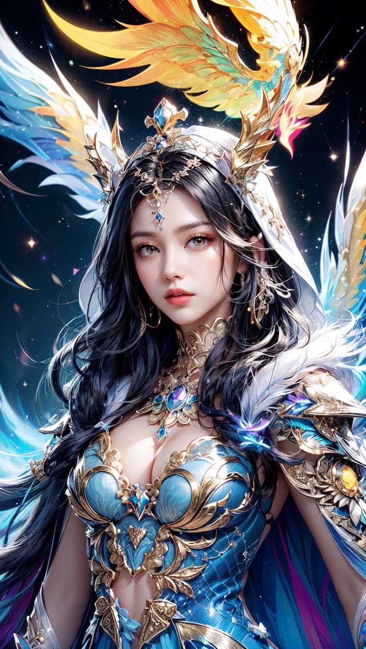 (masutepiece, of the highest quality, Best Quality, Official art, Beautiful and aesthetic:1.2), (1girl in), extremely detailed eye, (Fractal Art:1.3), Colorful, highest details, (Perfect face), Shiny skin, nffsw, (White cloak golden lines:1.2), Galaxy, (light streaks), striking visuals, (Dynamic streaks, luminous trails:1.2), Vibrant colors, (phoenix), (shenron) --auto