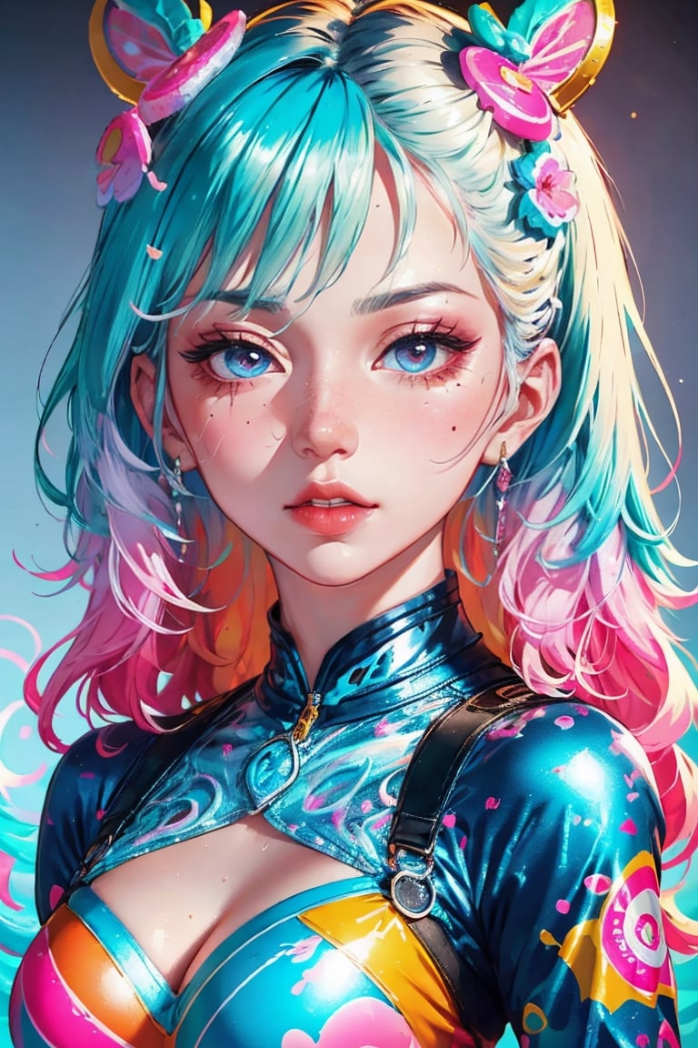 beautiful kawaii naughty girl, hyper detailed, cotton candy curly hair, candy freckles, bright makeup, holographic transparent candy dress, close-up portrait, highly detailed illustration, candyland character design, surrounded by swirls of ice cream and cream butter Pale pastel colors, bubblegum bubbles, gradient background. the candy girl,3D MODEL,Worldwide trending artwork