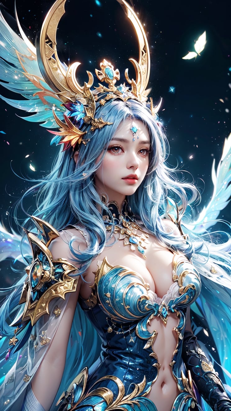 (masutepiece, of the highest quality, Best Quality, Official art, Beautiful and aesthetic:1.2), (1girl in), extremely detailed eye, (Fractal Art:1.3), Colorful, highest details, (Perfect face), Shiny skin, nffsw, (White cloak golden lines:1.2), Galaxy, (light streaks), striking visuals, (Dynamic streaks, luminous trails:1.2), Vibrant colors, (phoenix), (shenron) --auto