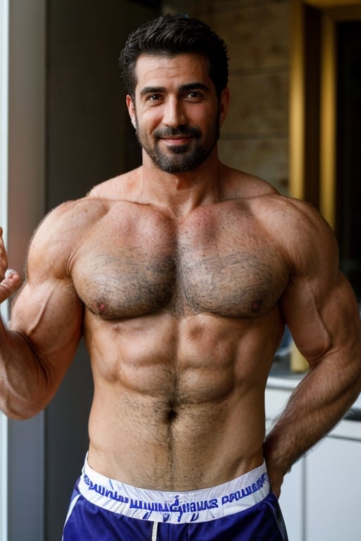 Beautiful greek man with abs, about 45 years old, stubble, manly powerful, perfect eyes, handsome face, big muscle, shirtless, smile, sexy, stronger, adonis, greek god, ,Realism