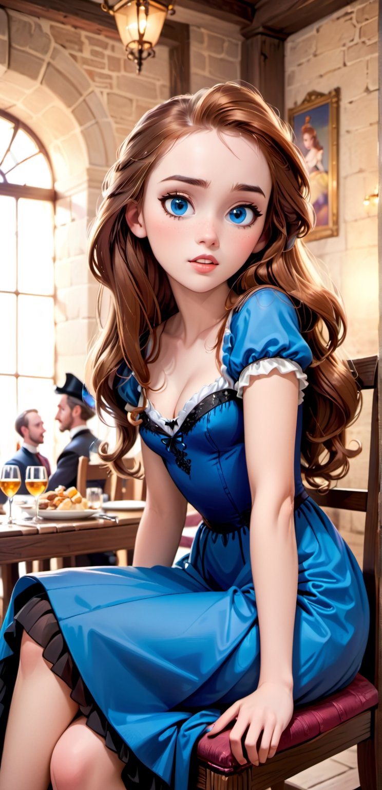 Young countess sits at dinner in a crowded dinning room in 1600's france, high fashion, atmosphere, ultra realistic HD,  / Hyperrealistic sexy ,full body, long  hair, ultra detail blue eyes, beautiful face, An extremely high-resolution hyperrealistic portrait of a girl, pushing the boundaries of realism with fine textures and lifelike details.
,vintagepaper,text as "",v0ng44g,more detail XL,Brandon Woelfel, ,Jia Lissa,disney pixar style