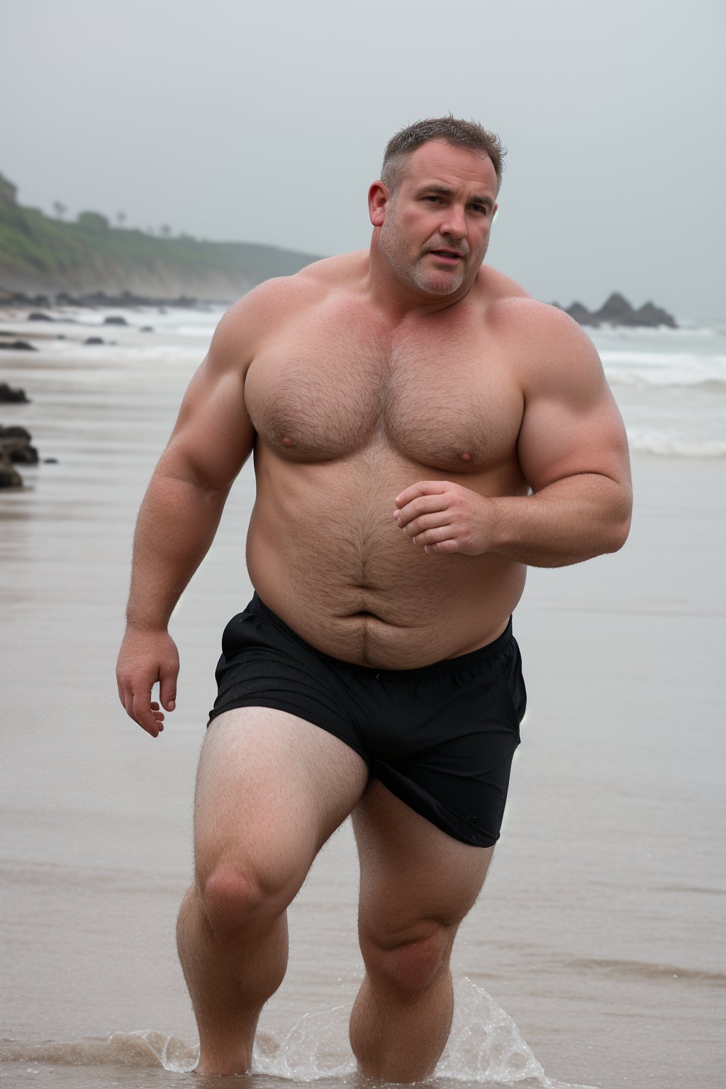 in the fantasy beach 🏖️ in the rain 🌧️ 🌧️ ,a chubby bold man running on the beach, chubby muscle man, chubby mature man,