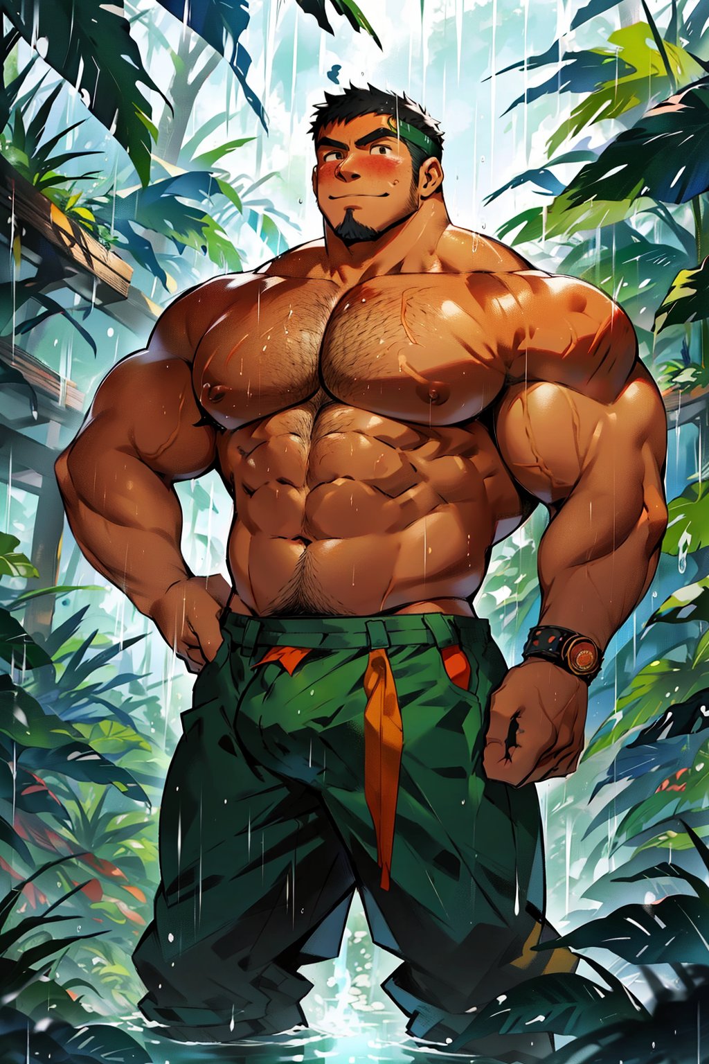  Asian chubby man(chubby muscle man) , (muscle chubby bold man)(chubby man)(masterpiece),at the viewer, standing, outdoors, jungle, fantasy , water, rain 🌧️