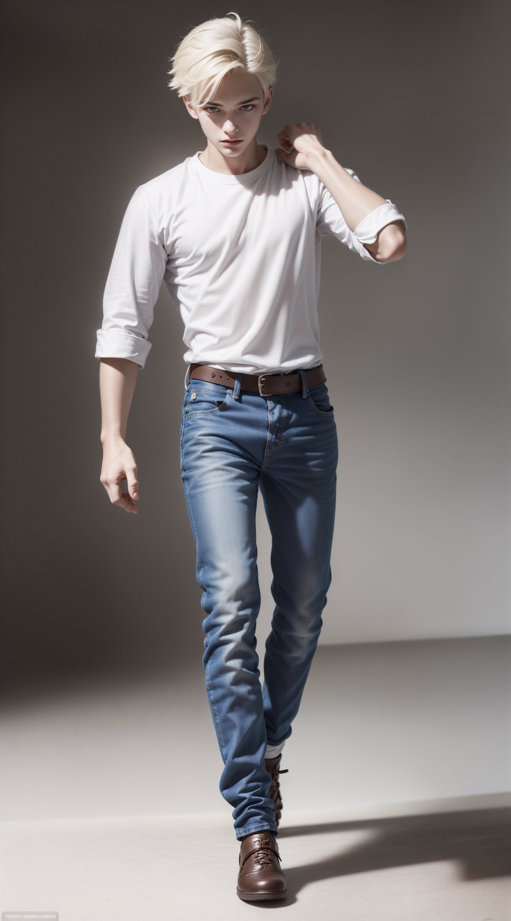 bottom, (torso body view), (full body shot)  of a 18 years old boy, tall (180cm),  ((white shirt:1.4)), ((blue jeans)), cute blond boy, short Side Fade hair, male_only, sharp skin, masterpiece, photorealistic, best quality, male, slim body, inspired by a male model, sol, Detailed side face, detailed side body, detailed side leg, 8k,  Photographic realistic masterpiece HDR high-quality image, perfect high detail image, 1boy, 
dynamic movement ((walking)),no belt, 
,flower4rmor,Wizard