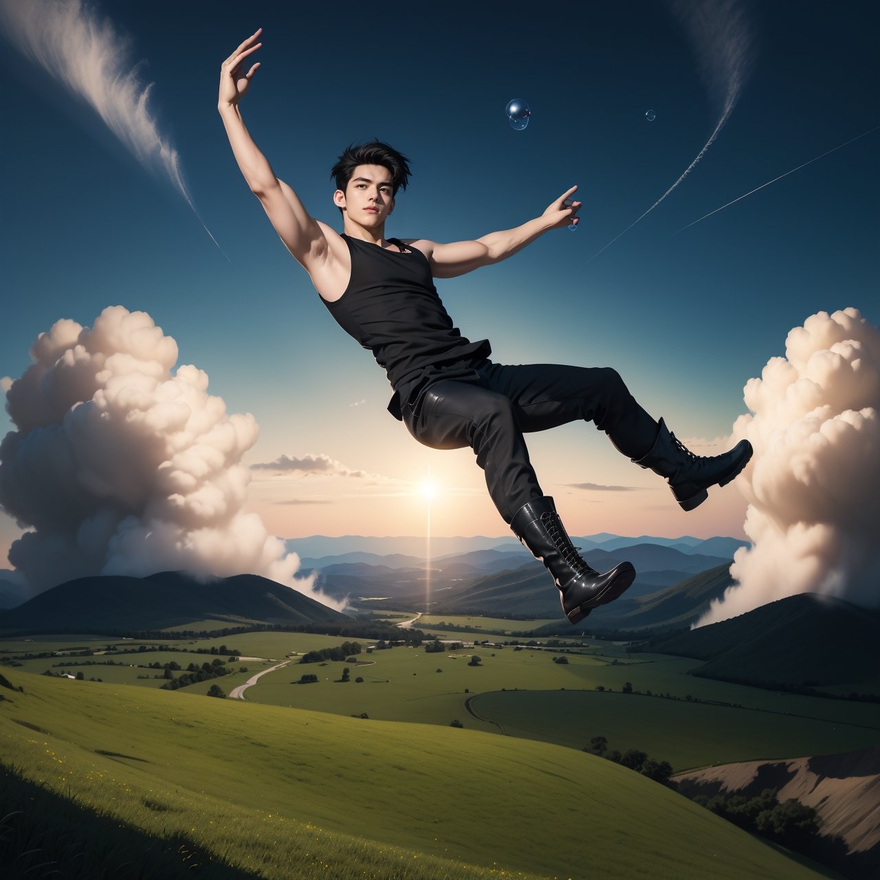 ((masterpiece)), (best quality), (cinematic), bright main object,sunning day,realistic,a handsome young man floating in the air, 20yo, ((black tank tops)),((black boots)), ((black long pants)), fade hair style, short hair, detail skin,full body, detailed face, detailed body, blue sky, glow, clouds, explosion in middle top,vegetation, green plains, floating bubbles, (cinematic, colorful), vast field, (extremely detailed), inspired by Studio Ghibli, EpicSky, cloud, sky, highly detailed, detailed face,floating in the air,fantasy00d, ,Detailedface,Handsome Thai Men,telekinesis
