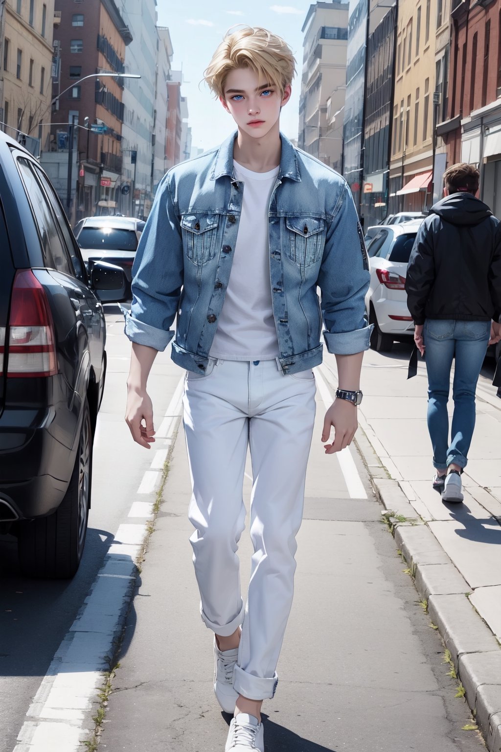 1male,blue eyes, handsome, white shirt,  ((blue denim jacket)), white pants, slender, 17 years old boy, blonde ,Detailedface, realistic skin, pale skin, black shoes, walking, 