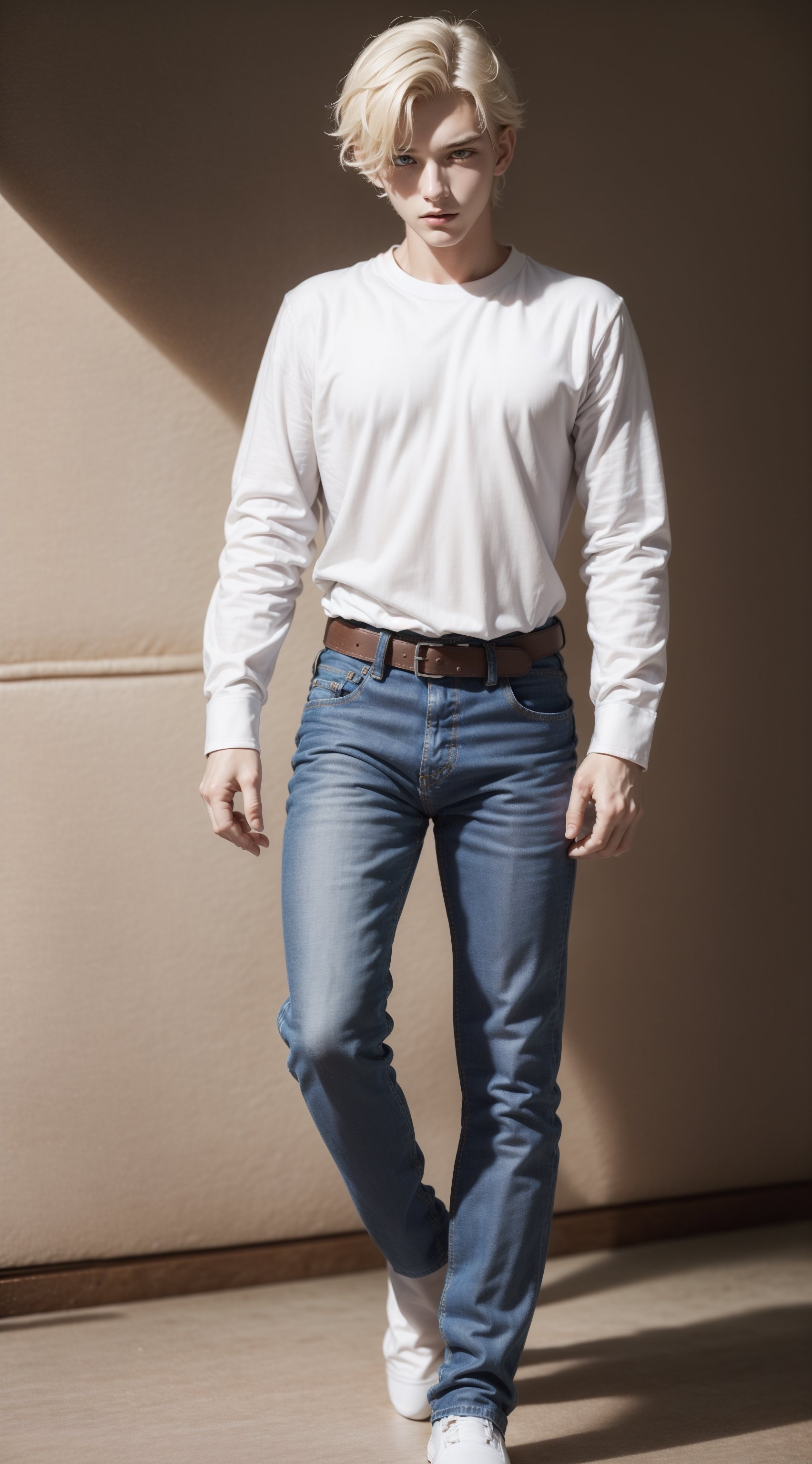 bottom, (torso body view), (full body shot)  of a 18 years old boy, tall (180cm),  ((white shirt:1.4)), ((blue jeans)), cute blond boy, short Side Fade hair, male_only, sharp skin, masterpiece, photorealistic, best quality, male, slim body, inspired by a male model, sol, Detailed side face, detailed side body, detailed side leg, 8k,  Photographic realistic masterpiece HDR high-quality image, perfect high detail image, 1boy, 
dynamic movement ((walking)),no belt, 
,flower4rmor,Wizard