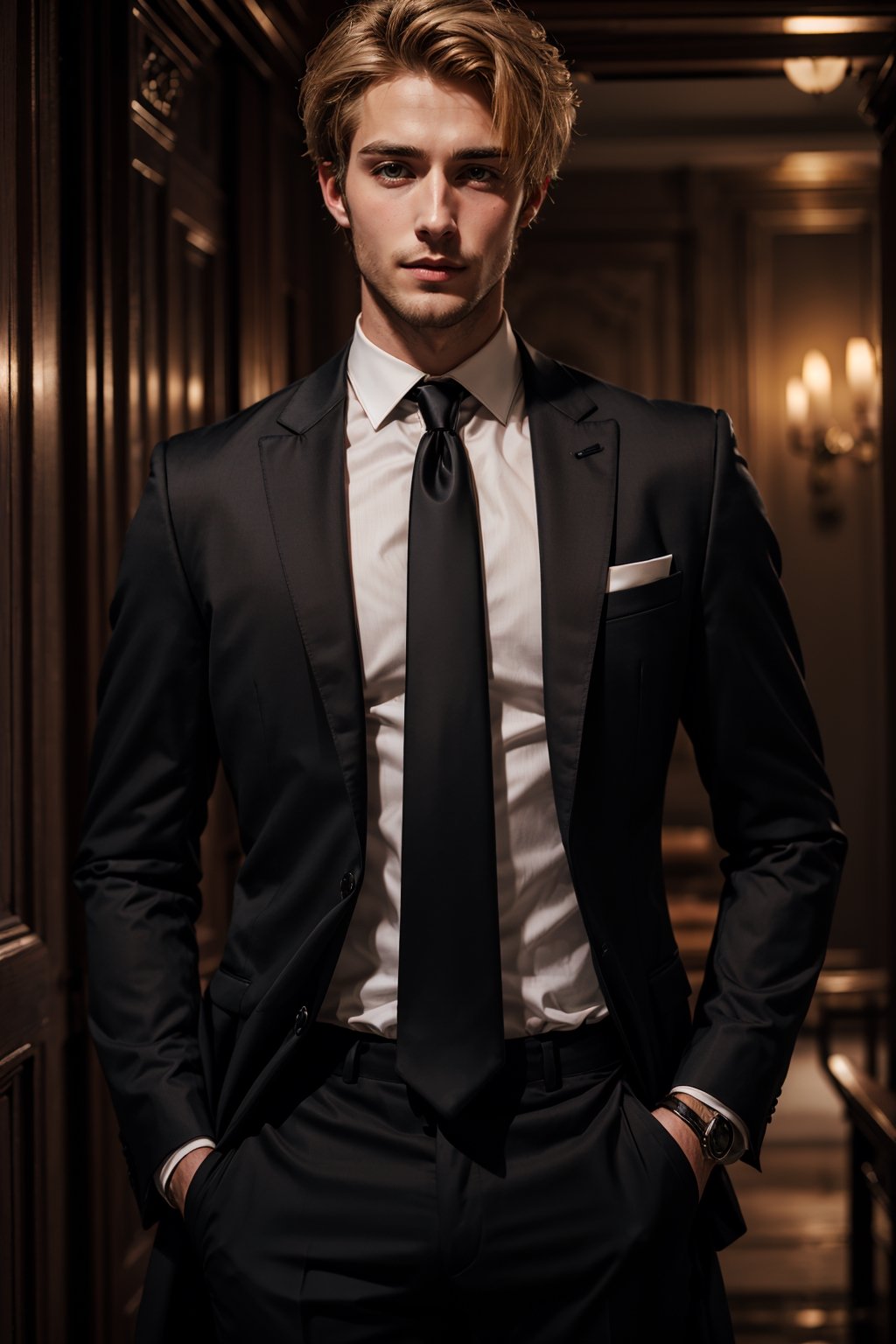 1 male, formal suits,rudeus_greyrat, black formal suit, (torso body shot), (handsome European man, 25 years old), ( dirty blond hair), (black necktie),  