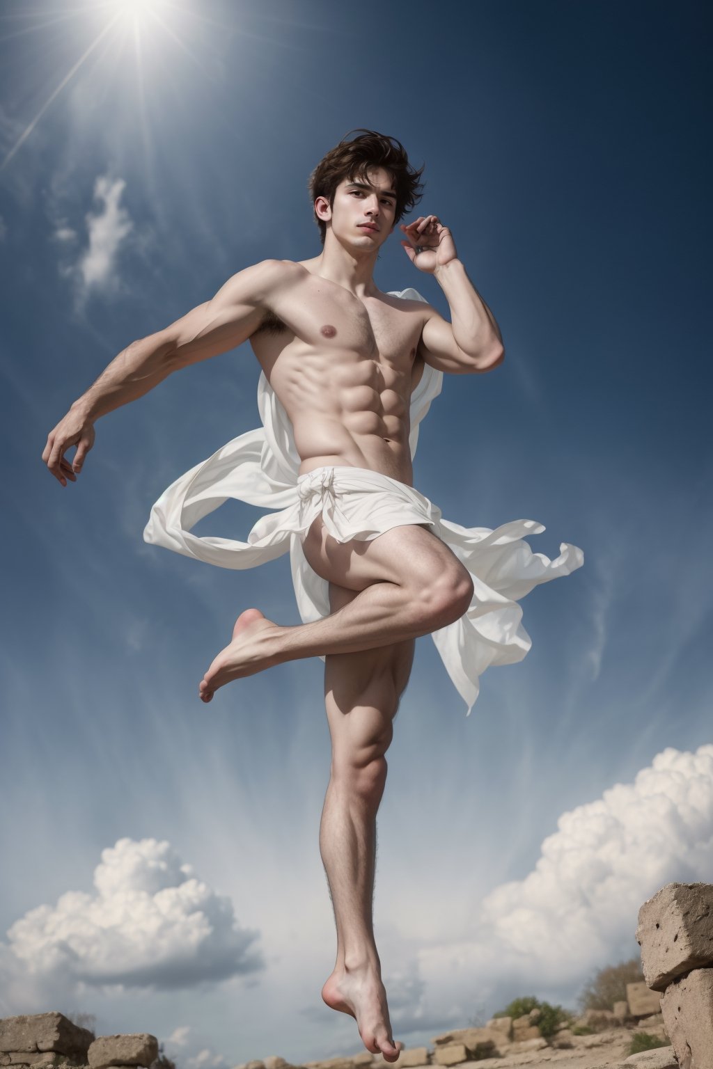 a ((full-body shot)) of a 17-year-old Cupid, Greek god, a European boy with, slim body, brown shade haircut, ((pale skin)), ((side body view)), telekinesis, leaping attack, 

he's wearing (a white drapes ancient Greek god costume ),

((floating in the air)),

 no chest hair, alone, 




realistic, masterpiece, with amazing photography, 8k, HDR, ultra-high resolution, realistic face, realistic body, realistic eyes, highly detailed eyes, perfect young face, ultra-high resolution,8k,Hdr, soft light, perfect face, cinematic light, soft box light, pal colors, unsaturated colors, abandoned_style, photo of perfect eyes, perfect leg,  perfect foot, can see the whole body, sharp focus,  male_only,  smooth, realistic skin,hdsrm, renaissance,Detailedface,telekinesis