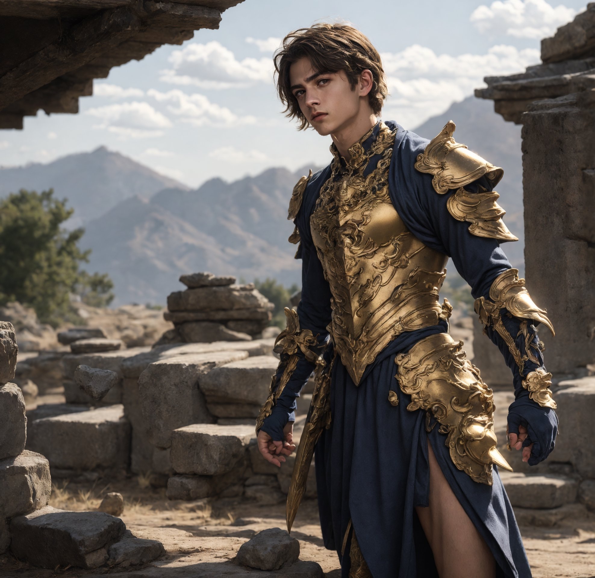 a full body shot of a 17-year-old cute Italian boy standing, wear heavy gold armor, fire sword in his hand, realistic, masterpiece, amazing photography, 8k, HDR, ultra-high resolution, realistic face, realistic body, slim body, realistic eyes, highly detailed eyes, perfect young face, wear majestic gold armor, ultra-high resolution,8k,Hdr, soft light, perfect face, cinematic light, soft box light, pal colors, unsaturated colors,abandoned_style, photo of perfect eyes,he's looking side way, perfect leg, walking outside in the nature, perfect foot, can see the whole body,handsome cute italian boy, sharp focus, short hair, fade haircut, male_only, not looking at viewer, smooth, no chest hair, pose sword fight, alone, heavy armor, realistic skin,hdsrm, fighter, looking up to the sky, sword in hand,fight scene, sword slashing,renaissance