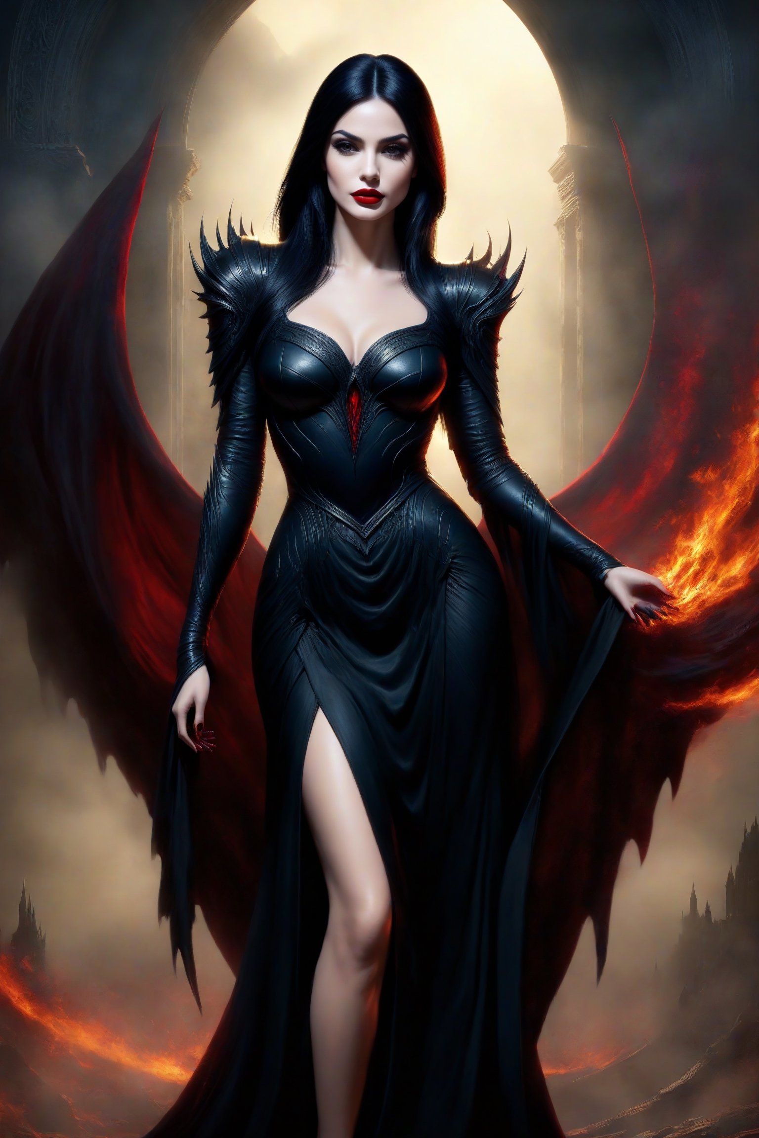 best quality, masterpiece, (((black heels:1.4))),(((full body shot:1.4))),	(((smirk:1.7))),	(standing:1.9),	((facing side way:1.7)), ((dark red lipstick)), 
With her ((very long dark raven hair)) framing her face, the Evil Queen of Hell, Lilith, draped in a tight black dress with an open-shoulder, malevolent grace, Her presence fills the air with a palpable sense of dread, 
ultra realistic illustration,siena natural ratio, by Ai Pic 3D,	cinematic lighting, ambient lighting, sidelighting, cinematic shot,	(full body view:1.4), 	octane render Artstation perfect composition, intricate details, hyper details, masterpiece, perfect composition, perfect anatomy, perfect lighting, sf, intricate artwork masterpiece, ominous, matte painting movie poster, golden ratio, trending on cgsociety, intricate, epic, trending on artstation, by artgerm, h. r. giger and beksinski, highly detailed, vibrant, production cinematic character render, ultra high quality model.,b3rli,aesthetic portrait,bianca_bradey,(PnMakeEnh),LegendDarkFantasy