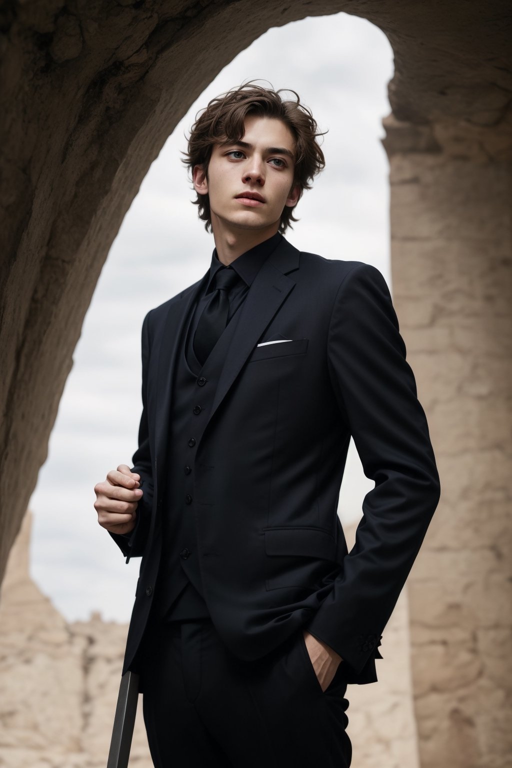 Professional hyper-realistic Instagram photography of a handsome young man from the front,((pale skin)), slim body, brown shade haircut, 

(Wearing a black suit). He is a model, he has a model pose. The man models his clothes. The model is standing in a studio background, 

looking at the viewer, no chest hair, alone, 




realistic, masterpiece, with amazing photography, 8k, HDR, ultra-high resolution, realistic face, realistic body, realistic eyes, highly detailed eyes, perfect young face, ultra-high resolution,8k,Hdr, soft light, perfect face, cinematic light, soft box light, pal colors, unsaturated colors, abandoned_style, photo of perfect eyes, perfect leg,  perfect foot, can see the whole body, sharp focus, short hair,  male_only,  smooth, realistic skin,hdsrm, prince, looking up to the sky, sword in hand,fight scene, sword slashing,renaissance,Detailedface