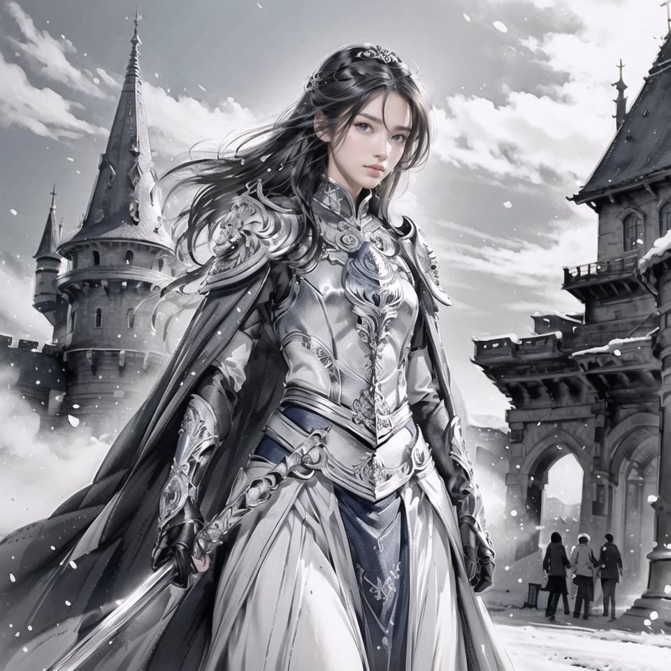 Natural Light, (Best Quality, highly detailed, Masterpiece), ((wide shot)), 
(beautiful and detailed eyes), (realistic detailed skin texture), (detailed hair), (full-length shot), 1girl, blue short hair, blue eyes, serious, white cloak, boots, silver full-armor, (holding long sword), standing, (castle background), ink background, ((perfect anatomy, (clean outline), (sketch style line art), ,ink splash,