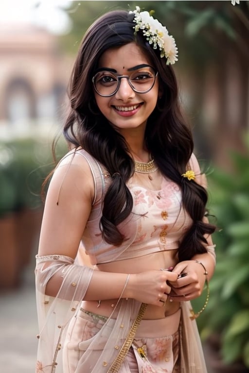 DSLR, High Quality, realistic, 25yo, 1girl(rashmika), wearing flowers all over body, posing, shy, femenine, girly_hair, smiling, big glasses,Sexy Pose