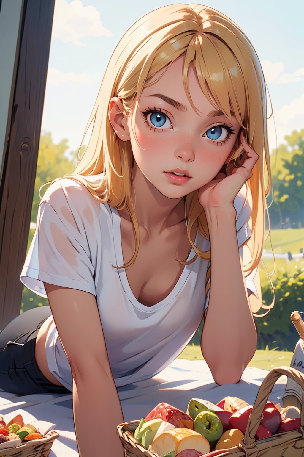 (masterpiece:1.3), (best quality:1.3), (hires, high resolution:1.3), 1girl, blonde, blue eyes, long hair, lying, on stomach, foreshortening, facing viewer, picnic, picnic basket, ass visible, downblouse, (white, loose t-shirt), leaning forward, selfie, hand on own face,