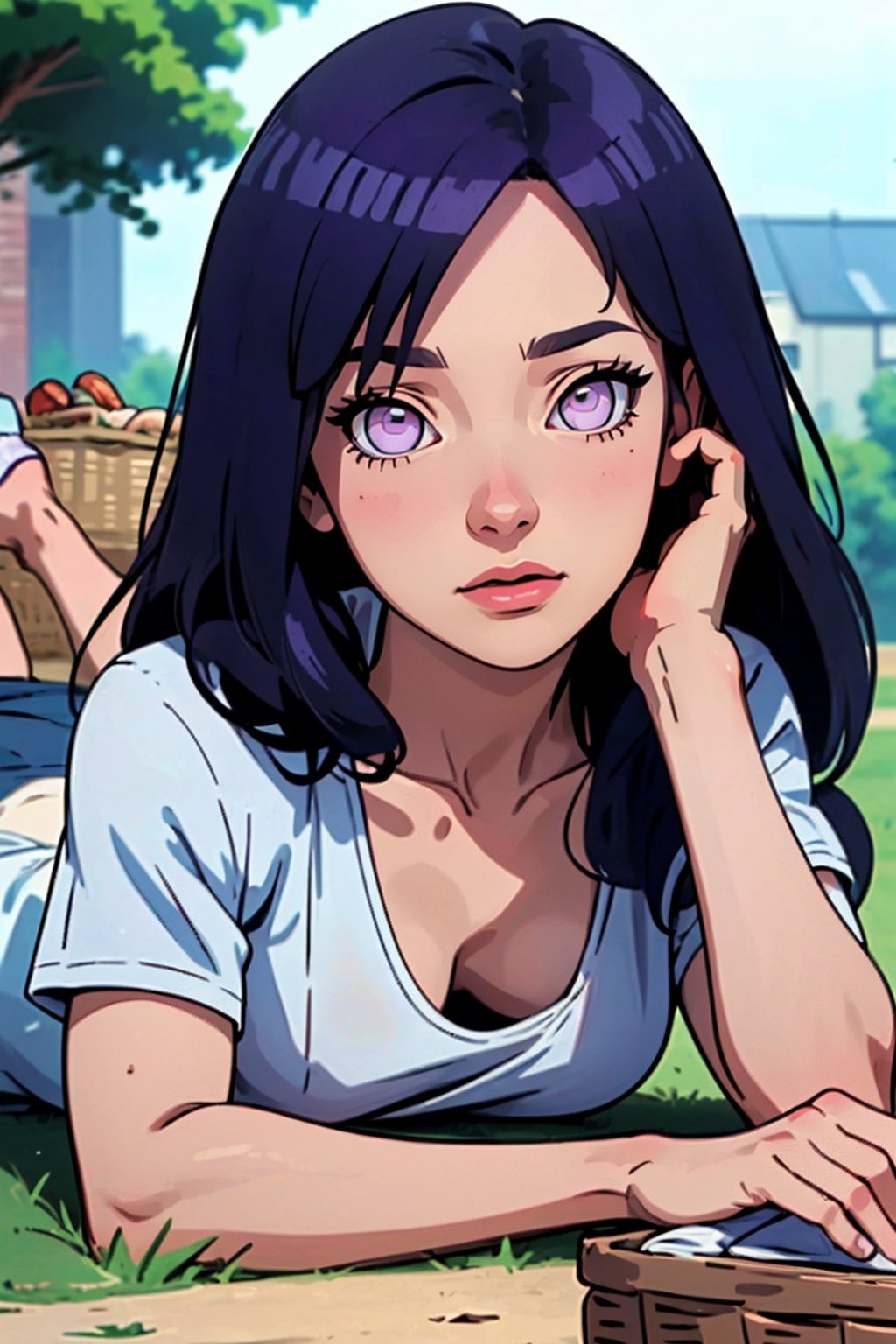 (masterpiece:1.3), (best quality:1.3), (hires, high resolution:1.3), 1girl, purple hair, white eyes, blank eyes, long hair, lying, on stomach, foreshortening, facing viewer, picnic, picnic basket, ass visible, downblouse, (white, loose t-shirt), leaning forward, selfie, hand on own face, ,mirabel madrigal,hinata