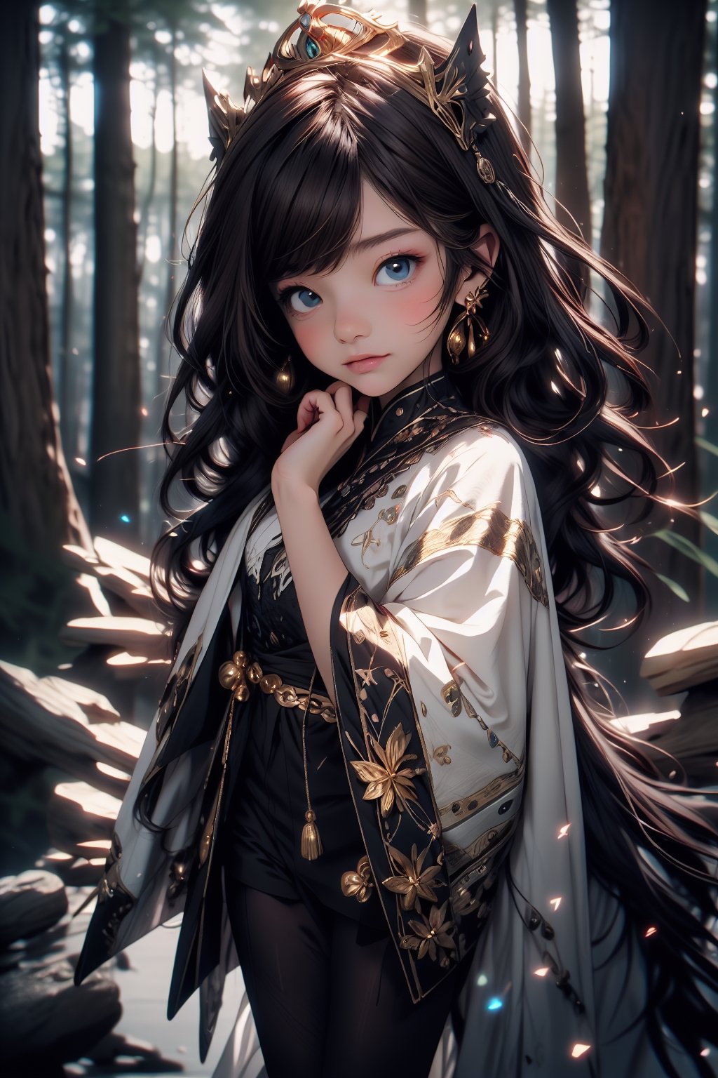 best quality, masterpiece, beautiful and aesthetic, vibrant color, Exquisite details and textures,  Warm tone, ultra realistic illustration,	(cute European girl, 7year old:1.5),	(Forest theme:1.2), a forest full of mysterious trees and flowers,	cute eyes, big eyes,	(a chic look:1.4),	16K, (HDR:1.4), high contrast, bokeh:1.2, lens flare,	siena natural ratio, children's body, anime style, 	head to thigh portrait,	very long curly dark brown hair, 	a white princess dress with gold decorations, tiara, 	ultra hd, realistic, vivid colors, highly detailed, UHD drawing, perfect composition, beautiful detailed intricate insanely detailed octane render trending on artstation, 8k artistic photography, photorealistic concept art, soft natural volumetric cinematic perfect light. 