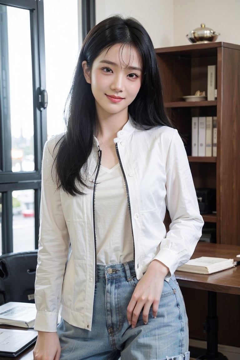 background is office,
18 yo, 1 girl, beautiful chinese girl,
wearing white collared long sleeve shirts,short pants, smile,solo, {beautiful and detailed eyes}, dark eyes, calm expression, delicate facial fea
tures, ((model pose)), Glamor body type, (dark hair:1.2), very_long_hair, hair past hip, bangs, straight hair, flim grain, realhands, masterpiece, Best Quality, 14k, photorealistic, ultra-detailed, finely detailed, high resolution, perfect dynamic composition, beautiful detailed eyes, eye smile, ((nervous and embarrassed)), sharp-focus, full_body