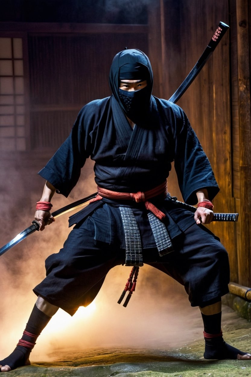 the Ninja, Performing some kind of action, horror ,The setting is in the decayed Edo period of Japan in the dark with fog, insanely detailed, whole body, photograph, hyper realistic --ar 9:16 --v 6