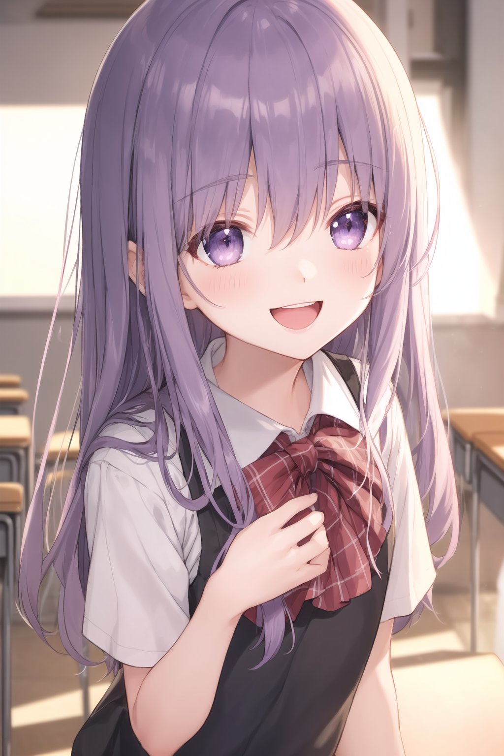 soft glowing light, bokeh effect, twilight, anime style, highly detailed,
a character with eyes narrowed from smiling, anime style, joyful expression, high detail, vibrant colors, 8k resolution, highly detailed face, sharp features, Extending a hand, morning , cloudy,
pastel colors:1.2,(8k,best quality), (highly detailed beautiful face and eyes),((classroom)),
((warming sunlight:1.5)),
BREAK ((cute eyes)), ((upper body)), ((looking up)), school uniform, short sleeve white blouse,
(light purple eyes),(17 years old girl), (1girl), (light purple hair),(long hair:1.1),wavy hair:1.1,(flat chest),hime cut,cute eyes,;d, happy smile,smile eyes,happy smile,cute eyes, ;>, ;d,