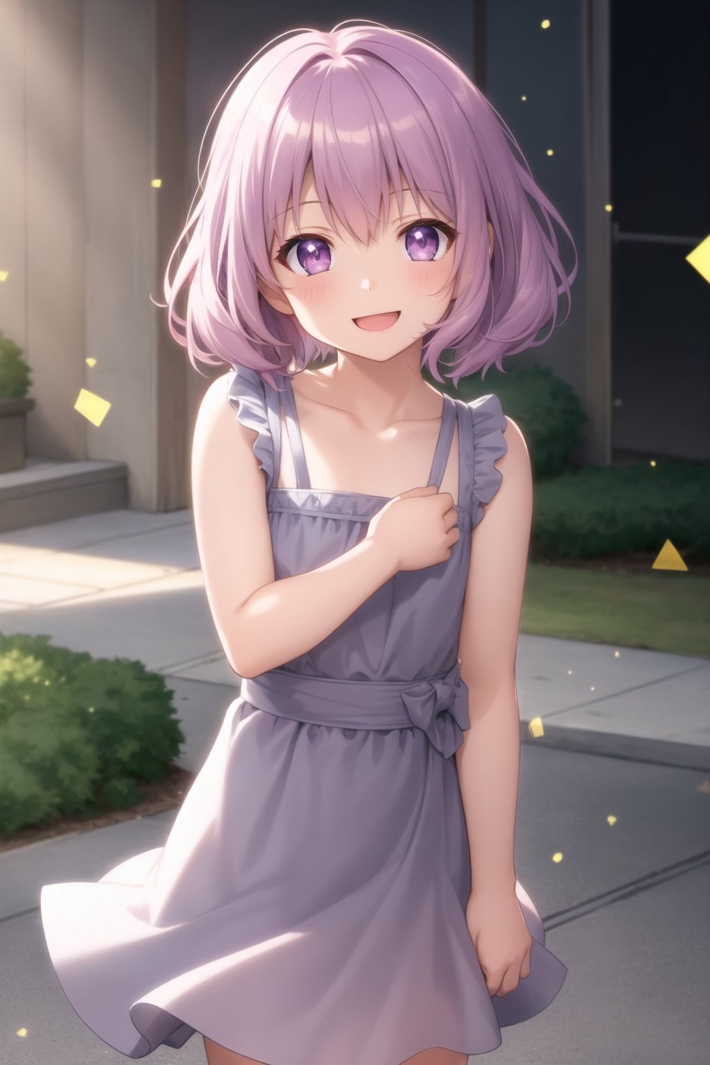 soft glowing light, bokeh effect, twilight, anime style, highly detailed,
a character with eyes narrowed from smiling, anime style, joyful expression, high detail, vibrant colors, 8k resolution, highly detailed face, sharp features, Extending a hand, morning ray,
pastel colors:1.2,(8k,best quality), (highly detailed beautiful face and eyes), 
outdoor,  ((sunlight:1.5)),strong light,strong light coming in,light rays,backlighting,lens flare,spot light,faint light,light particles,dynamic lighting,cinematic lighting,((neon art)),
BREAK ((cute eyes)), casual, uniqlo, cowboy shot,
solo,((6 years old girl)),((little girl:1.3)), light purple hair:1.2,(short hair:1.1),twintails:1.1,flat chest,light purple eyes,cute eyes,;d, happy smile,smile eyes,happy smile,cute eyes, ;>, ;d, Tshrit, short sleeveless,
