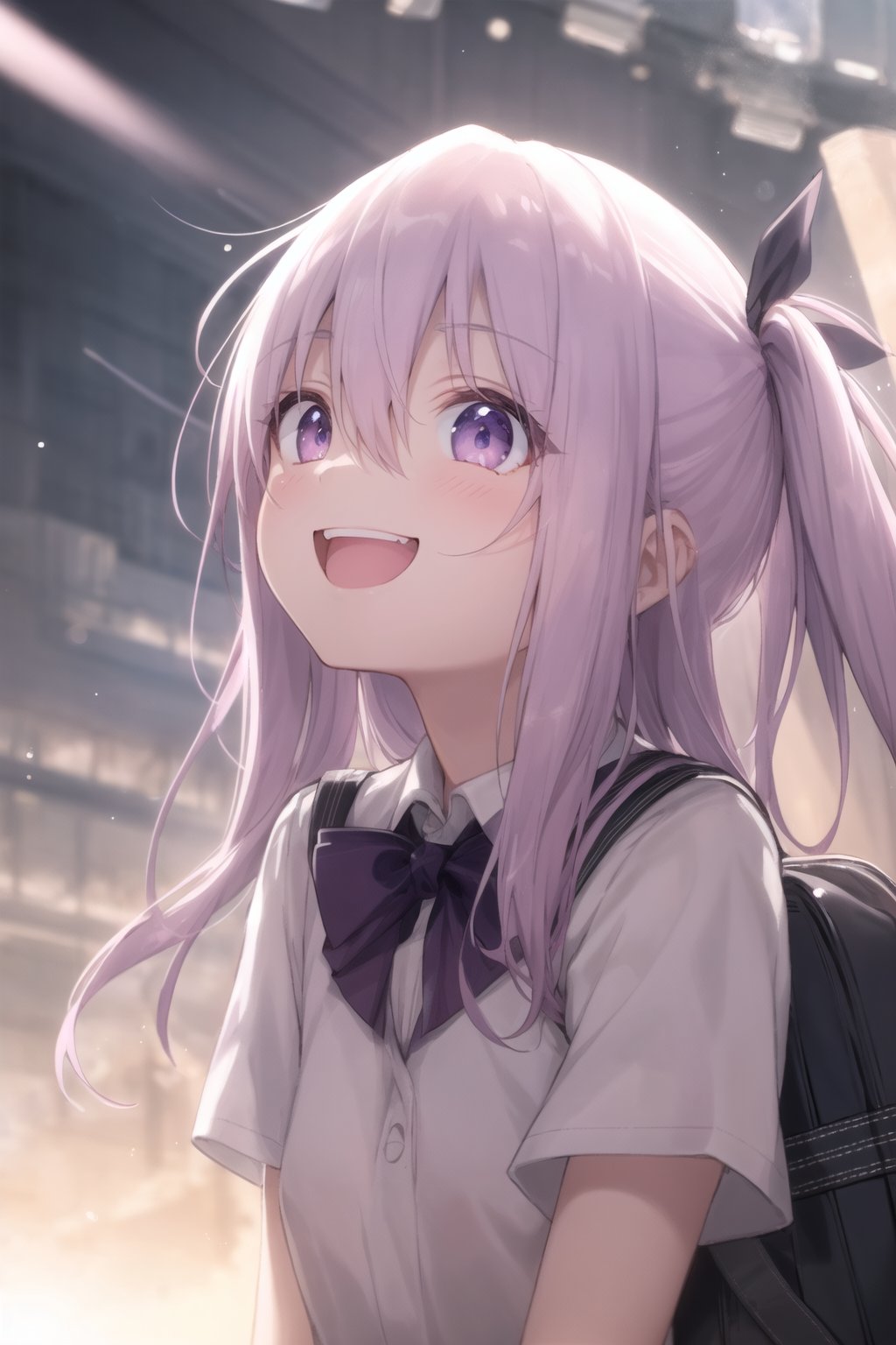 soft glowing light, bokeh effect, twilight, anime style, highly detailed,
a character with eyes narrowed from smiling, anime style, joyful expression, high detail, vibrant colors, 8k resolution, highly detailed face, sharp features, Extending a hand, morning , cloudy,
pastel colors:1.2,(8k,best quality), (highly detailed beautiful face and eyes),
short sleeve,  outdoor,  ((warming sunlight:1.5)),strong light,strong light coming in,light rays,backlighting,lens flare,spot light,faint light,light particles,dynamic lighting,cinematic lighting,((neon art)),
BREAK ((cute eyes)), ((upper body)), ((looking up)), school uniform, short sleeve white blouse,
(light purple eyes),(17yo),(1girl), (light purple hair),(long hair:1.1),wavy hair:1.1,(flat chest),hime cut,cute eyes,;d, happy smile,smile eyes,happy smile,cute eyes, ;>, ;d, (a school bag),
