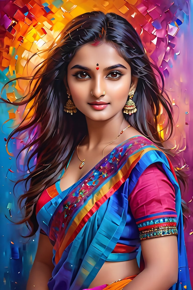 An enchanting 8K oil painting masterpiece, (A vibrant and youthful woman, 18 years old, her hair artfully tousled:1.3), Exquisitely portraying her perfect face with soft, flawless skin, adorned with a delightful blend of blue, yellow, light purple, and violet hues, accentuated with hints of light red, (An intricate celebration of beauty:1.3), Every detail meticulously crafted in a mesmerizing display of colors, resembling a stunning splash screen, (An 8K resolution masterpiece that captivates the eye:1.3), A cute face brought to life in the realm of art, destined to grace ArtStation's digital painting hall of fame, (A smooth and artistic portrayal that defies convention:1.3),Indian Model, full body, wearing sexy indian dress, big tight breasts, cleavage, tummy, exposed_navel, long legs