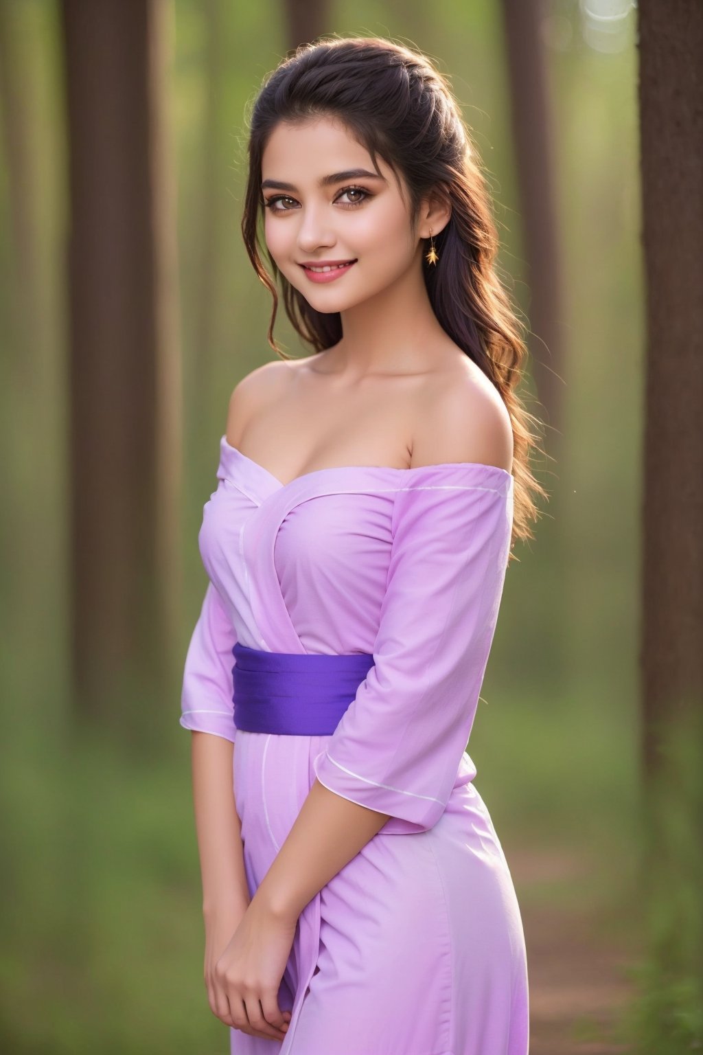 (1girl, medium breast, off-shoulder red yukata, bashful, in love, drunk, fireflies in background, alluring smile, beautiful small hands, photo of perfecteyes eyes), masterpiece, best quality, high resolution, UHD, realism, realistic, depth of field, wide view, raytraced, full length body, mystical, luminous, translucent, beautiful, stunning, a mythical being exuding energy, textures, breathtaking beauty, pure perfection, with a divine presence, unforgettable, and impressive.,Indian