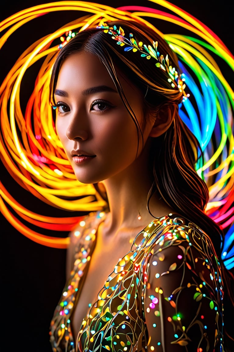 best quality, 4k, 8k, highres, masterpiece:1.2), ultra-detailed, (realistic, photorealistic, photo-realistic:1.37), Luminogram portrait with fiber optic light painting, Light field photography, Light painting, Light tracing, portraits, bokeh, studio lighting, physically-based rendering, vivid colors, sharp focus, reverse vignette, ethereal glow, colorful, delicate details, soft shadows, luminescent strands, subtle highlights, ambient incandescent light, fantastical atmosphere, glowing figures, unconventional light sources, contrasting hues, fiber optic brushstrokes, hypnotic patterns, trail of lights, playful illumination,ANIME