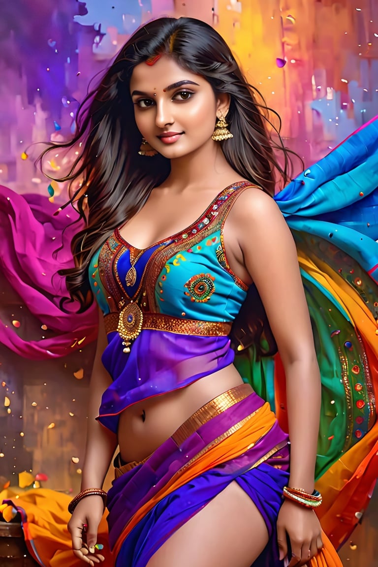 An enchanting 8K oil painting masterpiece, (A vibrant and youthful woman, 18 years old, her hair artfully tousled:1.3), Exquisitely portraying her perfect face with soft, flawless skin, adorned with a delightful blend of blue, yellow, light purple, and violet hues, accentuated with hints of light red, (An intricate celebration of beauty:1.3), Every detail meticulously crafted in a mesmerizing display of colors, resembling a stunning splash screen, (An 8K resolution masterpiece that captivates the eye:1.3), A cute face brought to life in the realm of art, destined to grace ArtStation's digital painting hall of fame, (A smooth and artistic portrayal that defies convention:1.3),Indian Model, full body, wearing sexy indian dress, big tight breasts, cleavage, tummy, exposed_navel, long legs