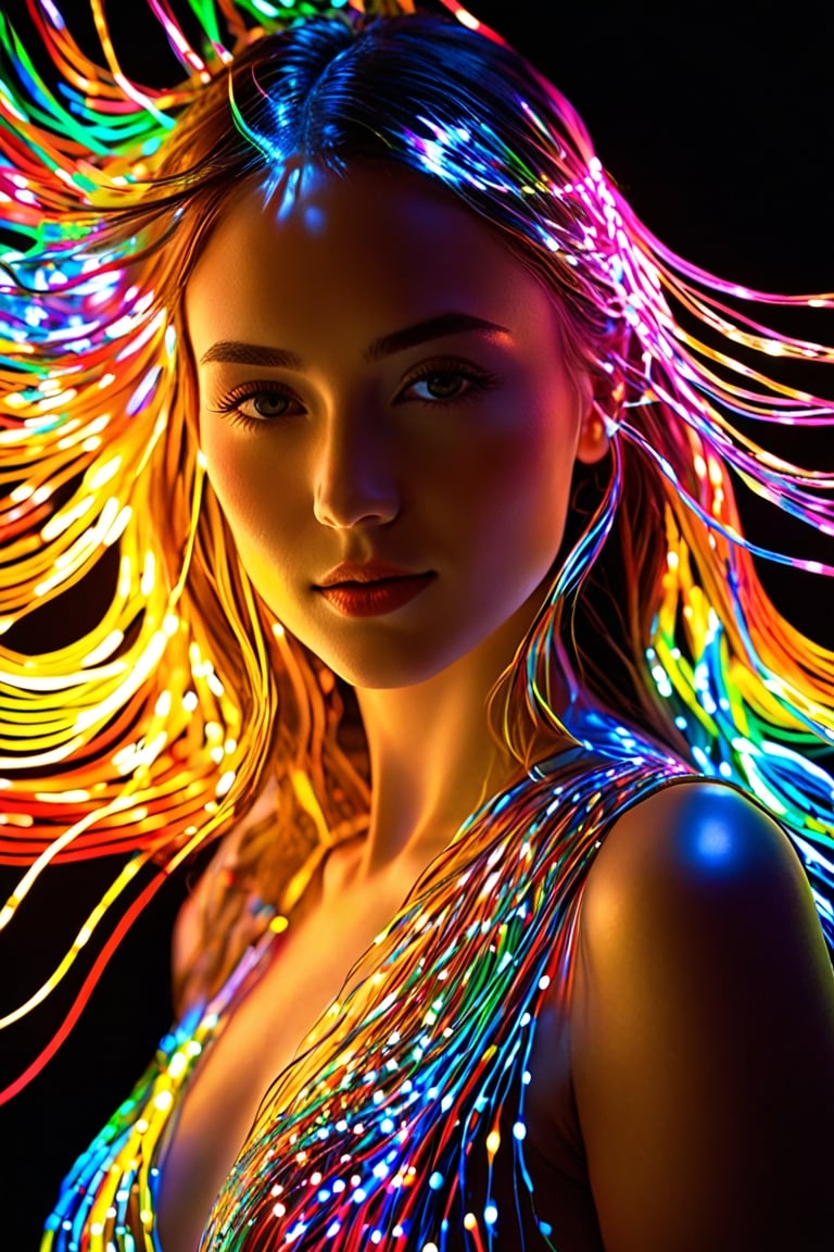 best quality, 4k, 8k, highres, masterpiece:1.2), ultra-detailed, (realistic, photorealistic, photo-realistic:1.37), Luminogram portrait with fiber optic light painting, Light field photography, Light painting, Light tracing, portraits, bokeh, studio lighting, physically-based rendering, vivid colors, sharp focus, reverse vignette, ethereal glow, colorful, delicate details, soft shadows, luminescent strands, subtle highlights, ambient incandescent light, fantastical atmosphere, glowing figures, unconventional light sources, contrasting hues, fiber optic brushstrokes, hypnotic patterns, trail of lights, playful illumination,ANIME