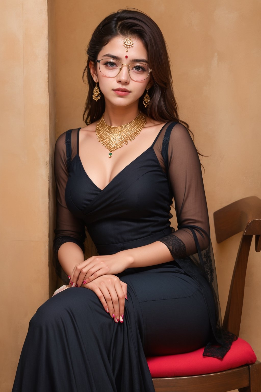 lovely  cute  young  attractive  indian  teenage  girl  in the black gown  ,  23  years  old  ,  cute  ,  an  Instagram  model  ,  long  blonde_hair  ,  colorful  hair   , sitting on the chair , wearing glasses,Indian 