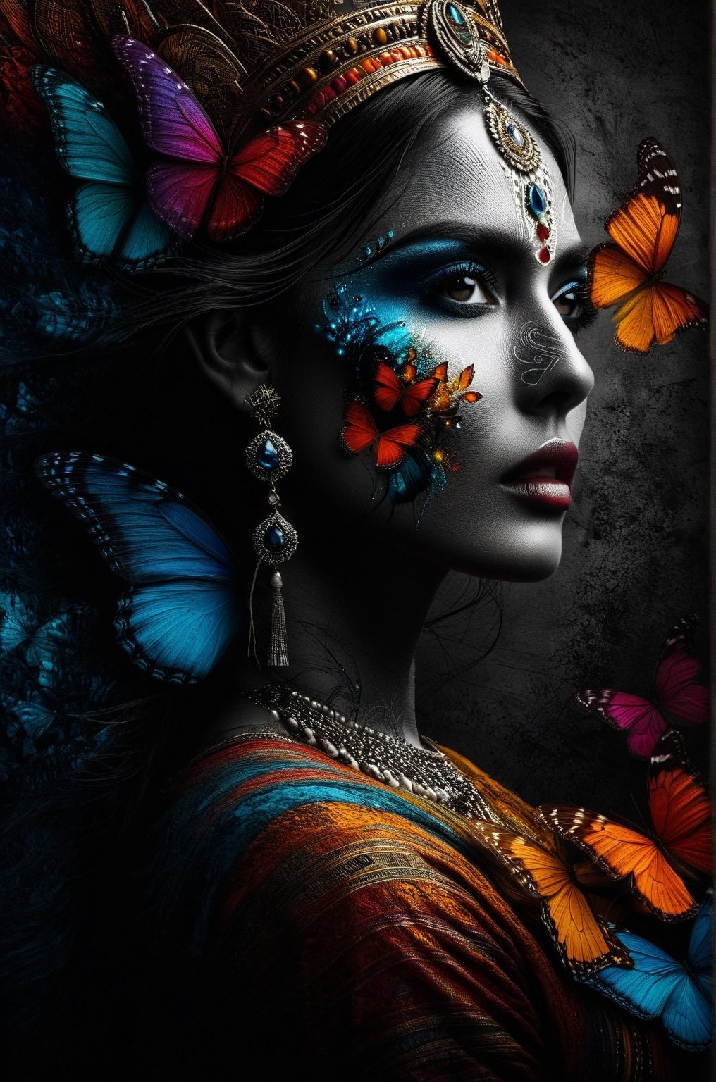 An Indian woman , a queen who wishes becoming  a butterfly,  vivid palette,  moody lighting,  high resolution and contrast,  intricately textured and extremely detailed,  detailmaster2,  side-light,  best quality,  fine artwork,ink art, Indian beauty,DonMM1y4XL