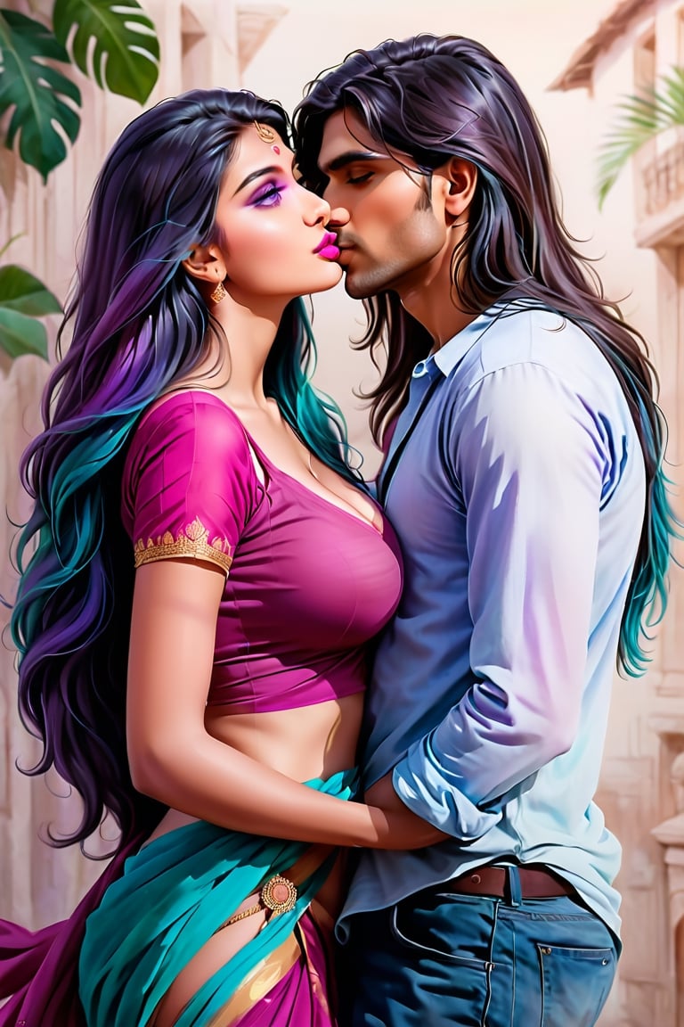 realistic, pencil Sketch of 2 beautiful  indian woman, 17 years old, kissing, couple, looking_at_viewer  , multicolor long hair, purple shades, disheveled alluring , ink drawing, illustrative art, soft lighting, detailed, more Flowing rhythm, elegant, low contrast, add soft blur with thin line, full pink lips, blue eyes, sexy  clothes , cleavage, big breasts, tummy, navel, Indian Model,DonMW15pXL