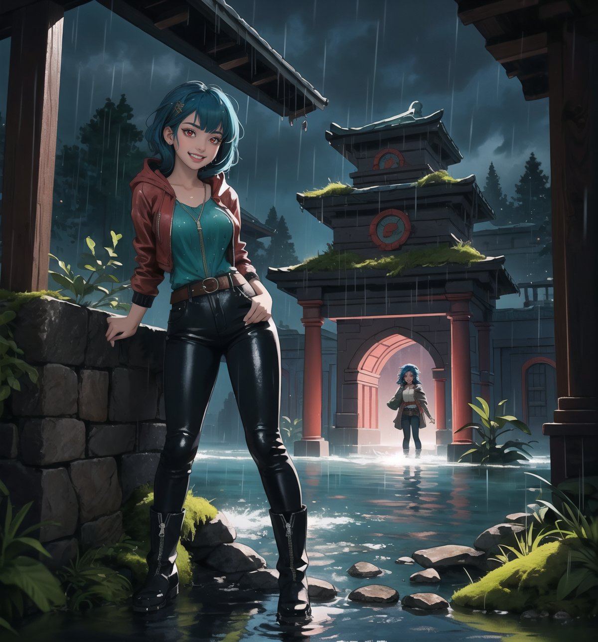 An ultra-detailed 4K masterpiece, combining fantasy and adventure styles, rendered in high resolution with sharp details. | A 23-year-old adventurer, dressed in a brown leather suit, explores a mysterious water temple during a night of torrential rain. Her outfit consists of a hooded jacket, tight pants, high boots, and a belt with multiple compartments to store her belongings. Her short, unkempt ((blue hair)) is wet from the rain, giving her a wild, disheveled look. Her ((red eyes)) shine with determination and curiosity, while ((she looks and smiles at the viewer, showing her white teeth)). | The image highlights the adventurer's athletic figure and the humid and gloomy environment of the water temple. The temple's ancient, rocky structures are covered in mosses and algae, suggesting that it has been submerged for a long time. Heavy rain hits the surrounding rocks, creating an immersive and realistic sound effect. The dim and mysterious lighting is created by some spotlights installed on the walls, highlighting the rough textures of the rocks and creating dramatic shadows. | Dark, cinematic lighting effects create a tense and exciting atmosphere, while detailed textures on the rocks, moss and leather suit add realism to the image. | A thrilling and suspenseful scene of a young adventurer exploring a mysterious water temple during a night of torrential rain, combining the styles of fantasy and adventure. | (((The image reveals a full-body shot as the woman assumes a sensual pose, engagingly leaning against a structure within the scene in an exciting manner. She takes on a sensual pose as she interacts, boldly leaning on a structure, leaning back and boldly throwing herself onto the structure, reclining back in an exhilarating way.))). | ((((full-body shot)))), ((perfect pose)), ((perfect arms):1.2), ((perfect limbs, perfect fingers, better hands, perfect hands, hands)), ((perfect legs, perfect feet):1.2), ((perfect design)), ((perfect composition)), ((very detailed scene, very detailed background, perfect layout, correct imperfections)), ((Enhance, Ultra details)), ((better_hands)), ((More Detail)),