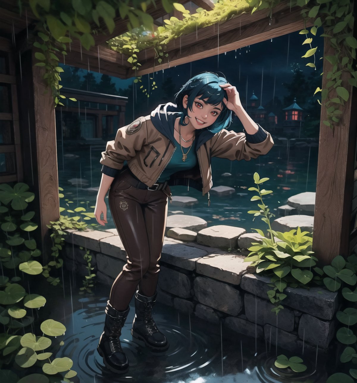 An ultra-detailed 4K masterpiece, combining fantasy and adventure styles, rendered in high resolution with sharp details. | A 23-year-old adventurer, dressed in a brown leather suit, explores a mysterious water temple during a night of torrential rain. Her outfit consists of a hooded jacket, tight pants, high boots, and a belt with multiple compartments to store her belongings. Her short, unkempt ((blue hair)) is wet from the rain, giving her a wild, disheveled look. Her red eyes shine with determination and curiosity, while ((she looks and smiles at the viewer, showing her white teeth)). | The image highlights the adventurer's athletic figure and the humid and gloomy environment of the water temple. The temple's ancient, rocky structures are covered in mosses and algae, suggesting that it has been submerged for a long time. Heavy rain hits the surrounding rocks, creating an immersive and realistic sound effect. The dim and mysterious lighting is created by some spotlights installed on the walls, highlighting the rough textures of the rocks and creating dramatic shadows. | Dark, cinematic lighting effects create a tense and exciting atmosphere, while detailed textures on the rocks, moss and leather suit add realism to the image. | A thrilling and suspenseful scene of a young adventurer exploring a mysterious water temple during a night of torrential rain, combining the styles of fantasy and adventure. | (((The image reveals a full-body shot as the woman assumes a sensual pose, engagingly leaning against a structure within the scene in an exciting manner. She takes on a sensual pose as she interacts, boldly leaning on a structure, leaning back and boldly throwing herself onto the structure, reclining back in an exhilarating way.))). | ((((full-body shot)))), ((perfect pose)), ((perfect arms):1.2), ((perfect limbs, perfect fingers, better hands, perfect hands, hands)), ((perfect legs, perfect feet):1.2), ((perfect design)), ((perfect composition)), ((very detailed scene, very detailed background, perfect layout, correct imperfections)), ((Enhance, Ultra details)), ((better_hands)), ((More Detail)),