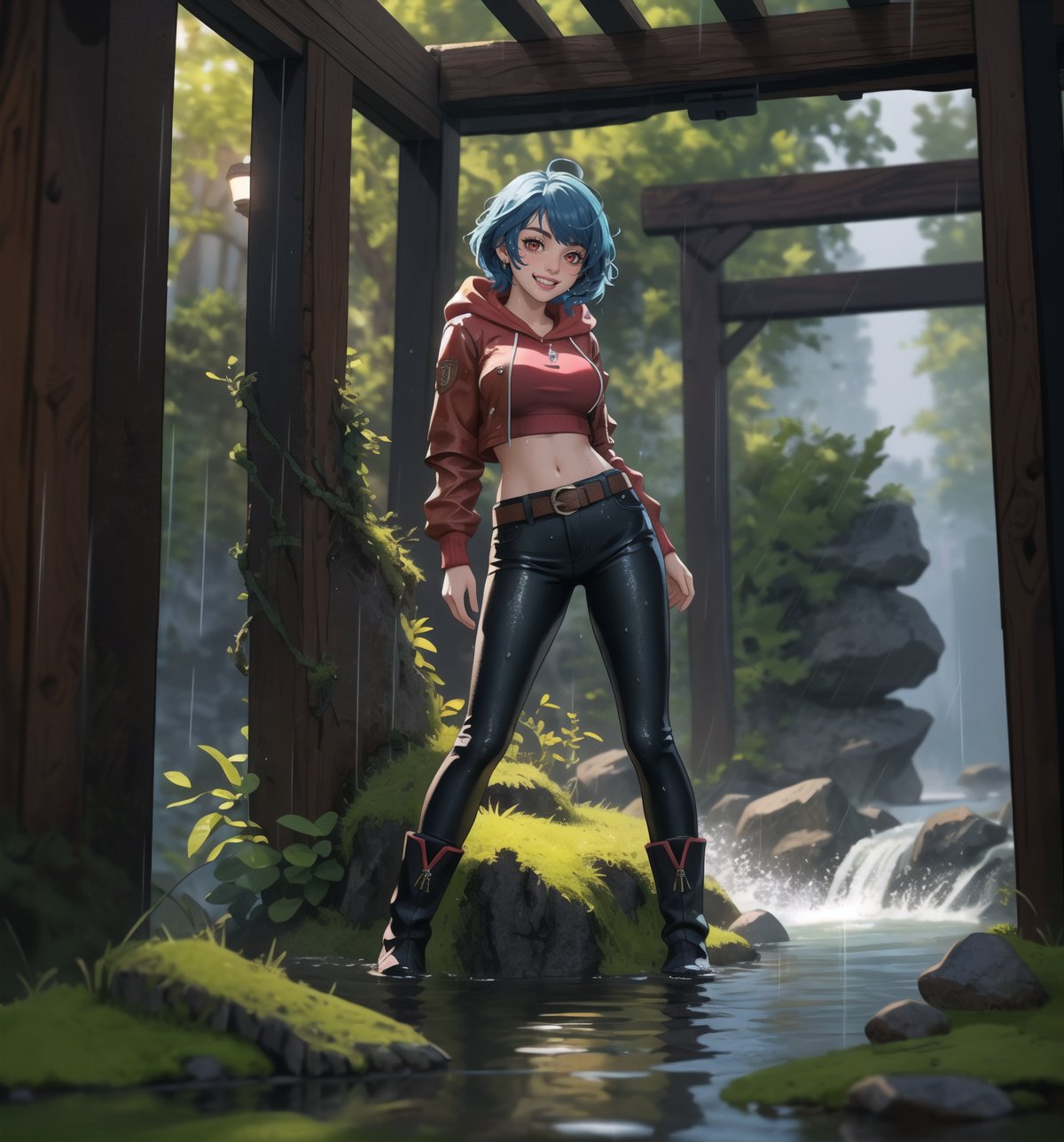 An ultra-detailed 4K masterpiece, combining fantasy and adventure styles, rendered in high resolution with sharp details. | A 23-year-old adventurer, dressed in a brown leather suit, explores a mysterious water temple during a night of torrential rain. Her outfit consists of a hooded jacket, tight pants, high boots, and a belt with multiple compartments to store her belongings. Her short, unkempt ((blue hair)) is wet from the rain, giving her a wild, disheveled look. Her ((red eyes)) shine with determination and curiosity, while ((she looks and smiles at the viewer, showing her white teeth)). | The image highlights the adventurer's athletic figure and the humid and gloomy environment of the water temple. The temple's ancient, rocky structures are covered in mosses and algae, suggesting that it has been submerged for a long time. Heavy rain hits the surrounding rocks, creating an immersive and realistic sound effect. The dim and mysterious lighting is created by some spotlights installed on the walls, highlighting the rough textures of the rocks and creating dramatic shadows. | Dark, cinematic lighting effects create a tense and exciting atmosphere, while detailed textures on the rocks, moss and leather suit add realism to the image. | A thrilling and suspenseful scene of a young adventurer exploring a mysterious water temple during a night of torrential rain, combining the styles of fantasy and adventure. | (((The image reveals a full-body shot as the woman assumes a sensual pose, engagingly leaning against a structure within the scene in an exciting manner. She takes on a sensual pose as she interacts, boldly leaning on a structure, leaning back and boldly throwing herself onto the structure, reclining back in an exhilarating way.))). | ((((full-body shot)))), ((perfect pose)), ((perfect arms):1.2), ((perfect limbs, perfect fingers, better hands, perfect hands, hands)), ((perfect legs, perfect feet):1.2), ((perfect design)), ((perfect composition)), ((very detailed scene, very detailed background, perfect layout, correct imperfections)), ((Enhance, Ultra details)), ((better_hands)), ((More Detail)),poakl