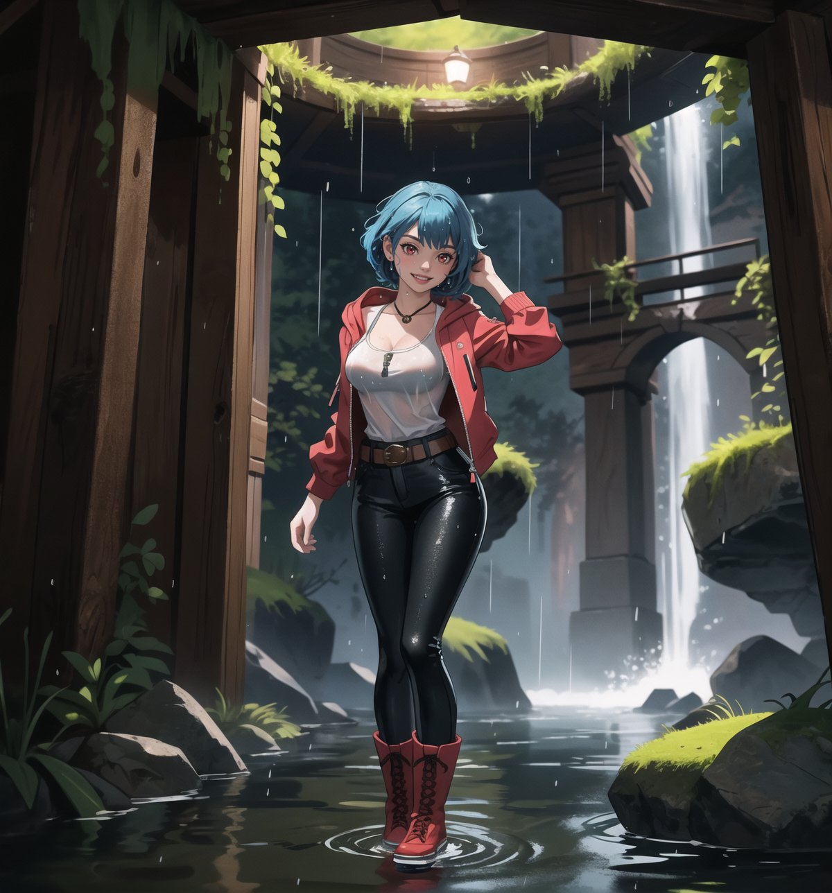 An ultra-detailed 4K masterpiece, combining fantasy and adventure styles, rendered in high resolution with sharp details. | A 23-year-old adventurer, dressed in a brown leather suit, explores a mysterious water temple during a night of torrential rain. Her outfit consists of a hooded jacket, tight pants, high boots, and a belt with multiple compartments to store her belongings. Her short, unkempt ((blue hair)) is wet from the rain, giving her a wild, disheveled look. Her ((red eyes)) shine with determination and curiosity, while ((she looks and smiles at the viewer, showing her white teeth)). | The image highlights the adventurer's athletic figure and the humid and gloomy environment of the water temple. The temple's ancient, rocky structures are covered in mosses and algae, suggesting that it has been submerged for a long time. Heavy rain hits the surrounding rocks, creating an immersive and realistic sound effect. The dim and mysterious lighting is created by some spotlights installed on the walls, highlighting the rough textures of the rocks and creating dramatic shadows. | Dark, cinematic lighting effects create a tense and exciting atmosphere, while detailed textures on the rocks, moss and leather suit add realism to the image. | A thrilling and suspenseful scene of a young adventurer exploring a mysterious water temple during a night of torrential rain, combining the styles of fantasy and adventure. | (((The image reveals a full-body shot as the woman assumes a sensual pose, engagingly leaning against a structure within the scene in an exciting manner. She takes on a sensual pose as she interacts, boldly leaning on a structure, leaning back and boldly throwing herself onto the structure, reclining back in an exhilarating way.))). | ((((full-body shot)))), ((perfect pose)), ((perfect arms):1.2), ((perfect limbs, perfect fingers, better hands, perfect hands, hands)), ((perfect legs, perfect feet):1.2), ((perfect design)), ((perfect composition)), ((very detailed scene, very detailed background, perfect layout, correct imperfections)), ((Enhance, Ultra details)), ((better_hands)), ((More Detail)),poakl