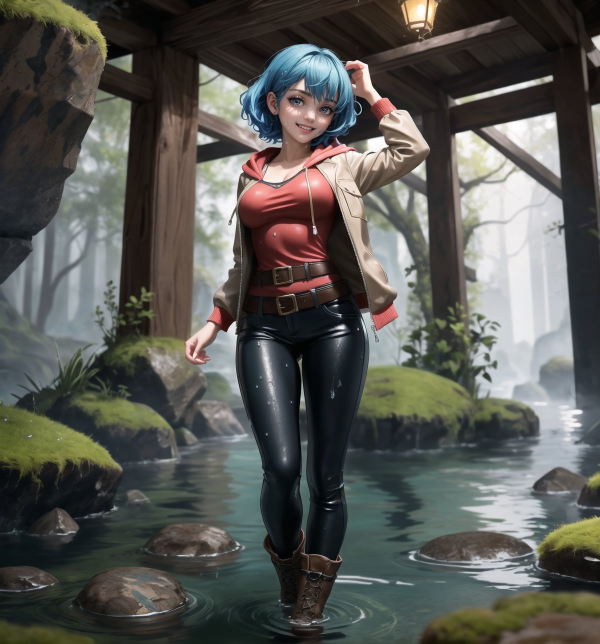 An ultra-detailed 4K masterpiece, combining fantasy and adventure styles, rendered in high resolution with sharp details. | A 23-year-old adventurer, dressed in a brown leather suit, explores a mysterious water temple during a night of torrential rain. Her outfit consists of a hooded jacket, tight pants, high boots, and a belt with multiple compartments to store her belongings. Her short, unkempt ((blue hair)) is wet from the rain, giving her a wild, disheveled look. Her red eyes shine with determination and curiosity, while ((she looks and smiles at the viewer, showing her white teeth)). | The image highlights the adventurer's athletic figure and the humid and gloomy environment of the water temple. The temple's ancient, rocky structures are covered in mosses and algae, suggesting that it has been submerged for a long time. Heavy rain hits the surrounding rocks, creating an immersive and realistic sound effect. The dim and mysterious lighting is created by some spotlights installed on the walls, highlighting the rough textures of the rocks and creating dramatic shadows. | Dark, cinematic lighting effects create a tense and exciting atmosphere, while detailed textures on the rocks, moss and leather suit add realism to the image. | A thrilling and suspenseful scene of a young adventurer exploring a mysterious water temple during a night of torrential rain, combining the styles of fantasy and adventure. | (((The image reveals a full-body shot as the woman assumes a sensual pose, engagingly leaning against a structure within the scene in an exciting manner. She takes on a sensual pose as she interacts, boldly leaning on a structure, leaning back and boldly throwing herself onto the structure, reclining back in an exhilarating way.))). | ((((full-body shot)))), ((perfect pose)), ((perfect arms):1.2), ((perfect limbs, perfect fingers, better hands, perfect hands, hands)), ((perfect legs, perfect feet):1.2), ((perfect design)), ((perfect composition)), ((very detailed scene, very detailed background, perfect layout, correct imperfections)), ((Enhance, Ultra details)), ((poakl)), ((More Detail))