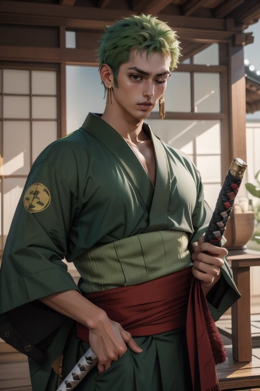 (masterpiece, best quality:1.2), a handsome young man, 20 years old, roronoa zoro, scar, muscular male, looking at viewer, one eye closed, scar across eye, green japanese clothes, green kimono,roronoa zoro, Japanese house background, portrait, Do not laugh, Holding a katana in each hand, with a white katana in his mouth, in a fighting posture,taiikukan