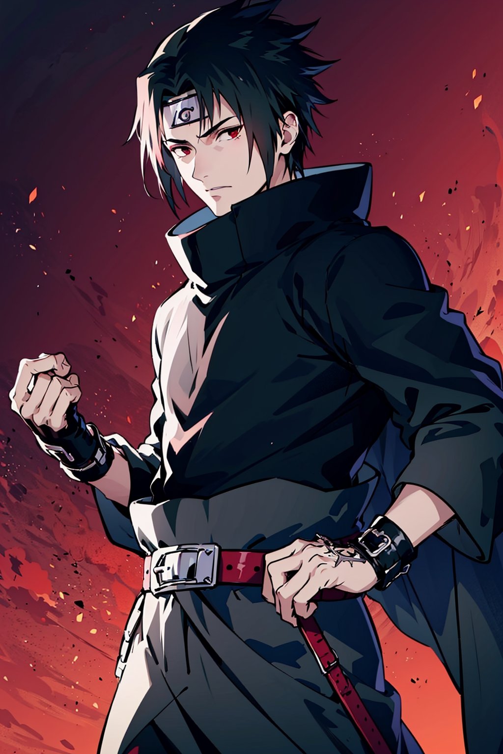 (masterpiece, best quality), , cowboy shot, solo, male focus, 1boy, Sasuke Uchiha, slight smile, looking at viewer, 
black eyes and spiky black hair with a blue tint. Sasuke's hair is long, very handsome. 
black cloak, a maroon cinch on the collar, and maroon lining. His long-sleeved shirt gains light grey cuffs, and he wears a pair of brown leather belts with a black sheath for his sword, 
The whole body exudes black and red and purple aura, black and red and purple background,

(ultrahigh resolution textures), in dynamic pose, bokeh, (intricate details, hyperdetailed:1.15), detailed, HDR+, ,male,Naruto uzumaki ,n4rut0,s4suk3