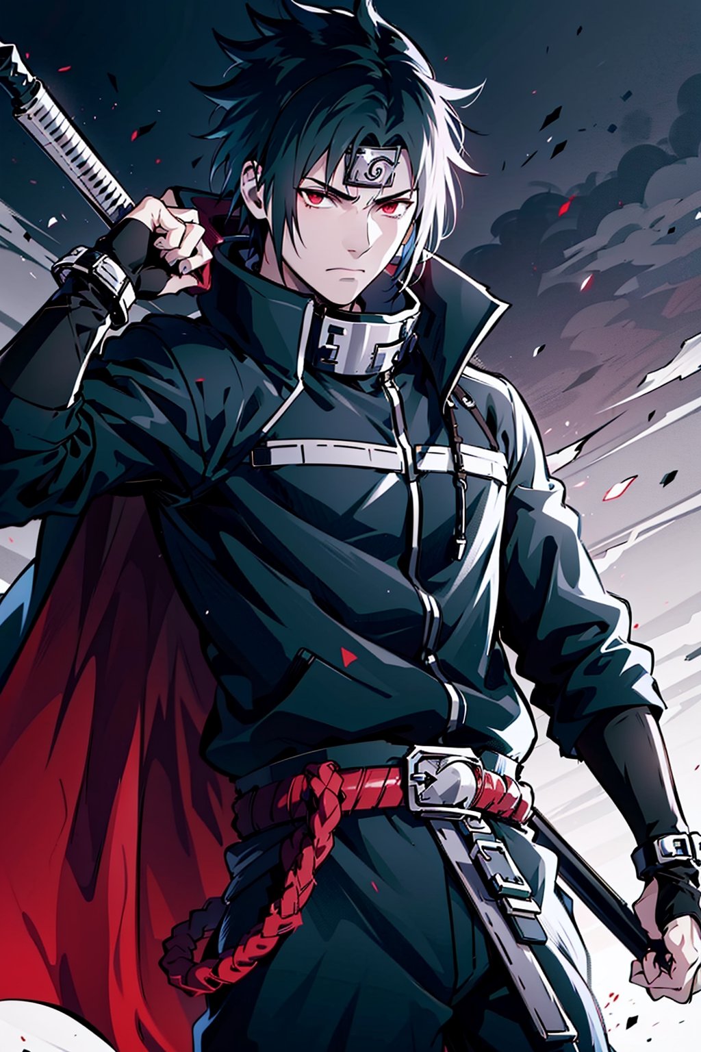 (masterpiece, best quality), , cowboy shot, solo, male focus, 1boy, Sasuke Uchiha, slight smile, looking at viewer, 
The left eye glows purple and the right eye glows red, spiky black hair with a blue tint. Sasuke's hair is long, very handsome. 
black cloak, a maroon cinch on the collar, and maroon lining. His long-sleeved shirt gains light grey cuffs, and he wears a pair of brown leather belts with a black sheath for his sword, 
The whole body exudes black and purple aura, black and purple background,

(ultrahigh resolution textures), in dynamic pose, bokeh, (intricate details, hyperdetailed:1.15), detailed, HDR+, ,male,Naruto uzumaki ,n4rut0,s4suk3