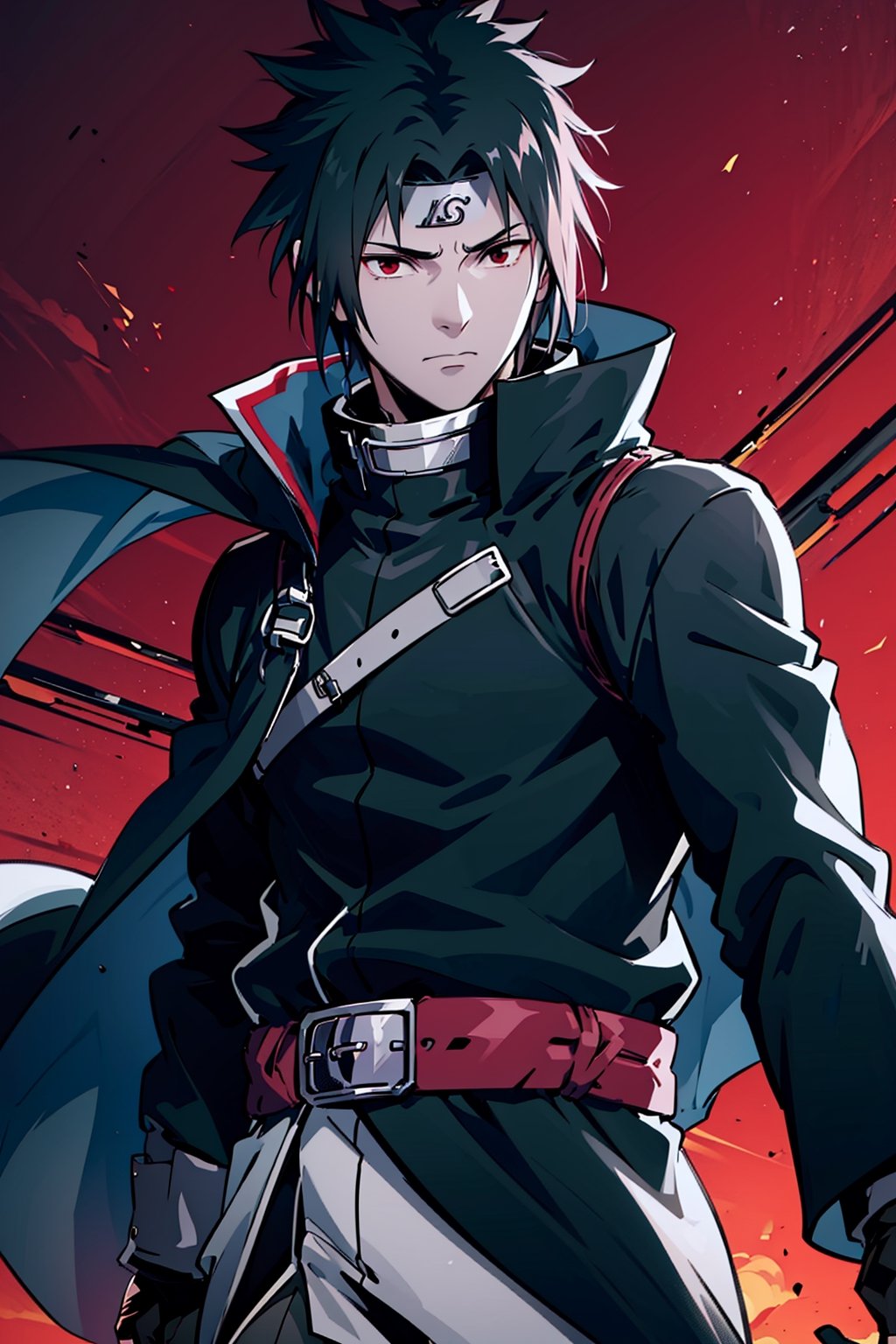 (masterpiece, best quality), , cowboy shot, solo, male focus, 1boy, Sasuke Uchiha, slight smile, looking at viewer, 
black eyes and spiky black hair with a blue tint. Sasuke's hair is long, very handsome. 
black cloak, a maroon cinch on the collar, and maroon lining. His long-sleeved shirt gains light grey cuffs, and he wears a pair of brown leather belts with a black sheath for his sword, 
The whole body exudes black and red and purple aura, black and red and purple background,

(ultrahigh resolution textures), in dynamic pose, bokeh, (intricate details, hyperdetailed:1.15), detailed, HDR+, ,male,Naruto uzumaki ,n4rut0,s4suk3