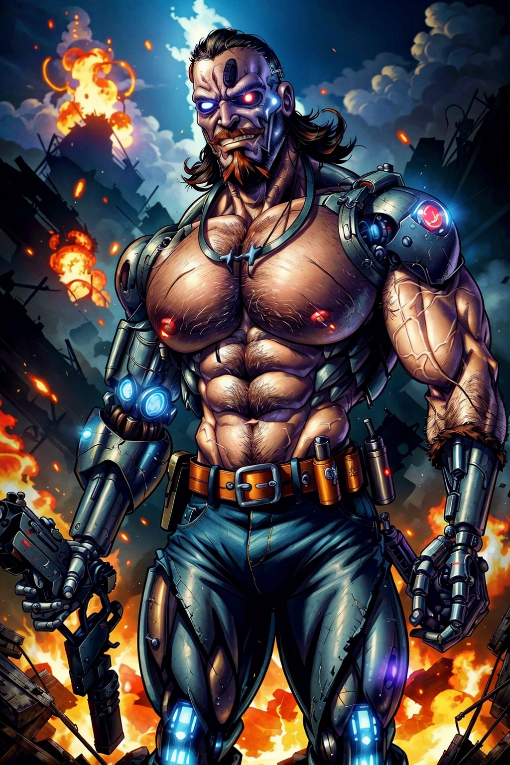 ((young Max Payne transformed by a machine into a cyborg)), muscular, massive pecs, massive arms, shirtless, worn out tactical pants with belt and gun, patrols and scans the street, ((grimace of pain)), ((massive body hair)), ((long beard)), ((short hair)), tropical island, destroyed city, big smoke, big flames, post-apocalypse, ((face details, eye details)), ((glowing eyes)), horror, looks at the viewer,(1man)
