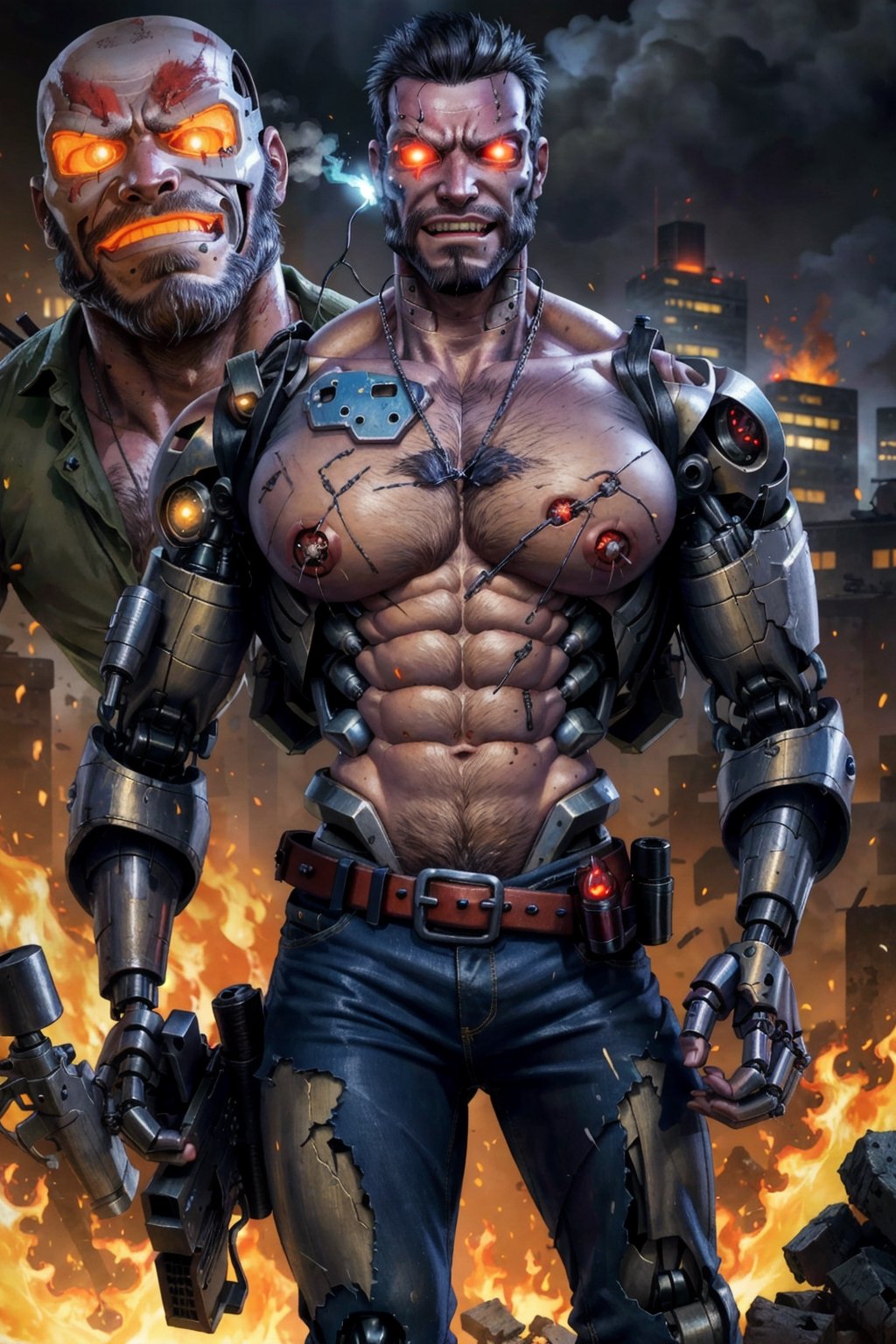 ((young Max Payne transformed by a machine into a cyborg)), muscular, massive pecs, massive arms, shirtless, worn out tactical pants with belt and gun, patrols and scans the street, ((grimace of pain)), ((massive body hair)), ((long beard)), ((short hair)), tropical island, destroyed city, big smoke, big flames, post-apocalypse, ((face details, eye details)), ((glowing eyes)), horror, looks at the viewer,(1man)