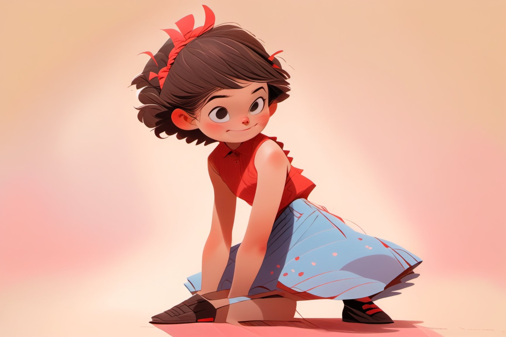 1girl, solo, looking at viewer, smile, short hair, side bangs, blue eyes, skirt, simple background, shirt, black hair, hair ornament, closed mouth, standing, full body, pleated skirt, frills, shoes, sleeveless, legwarmer socks, hairclip, collared shirt, sleeveless shirt, red skirt, brown footwear, pink background, yellow shirt, arms at sides,<lora:659095807385103906:1.0>